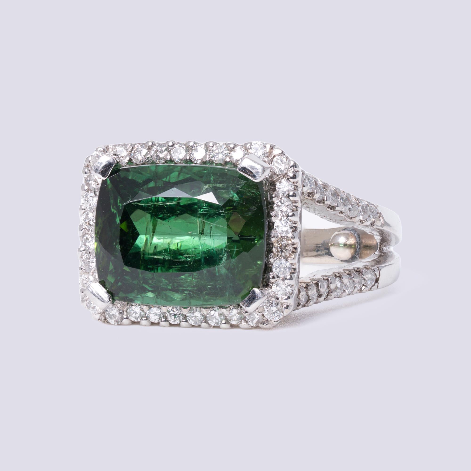6.31 Carat Green Tourmaline Cushion and Diamond Estate East-West Ring