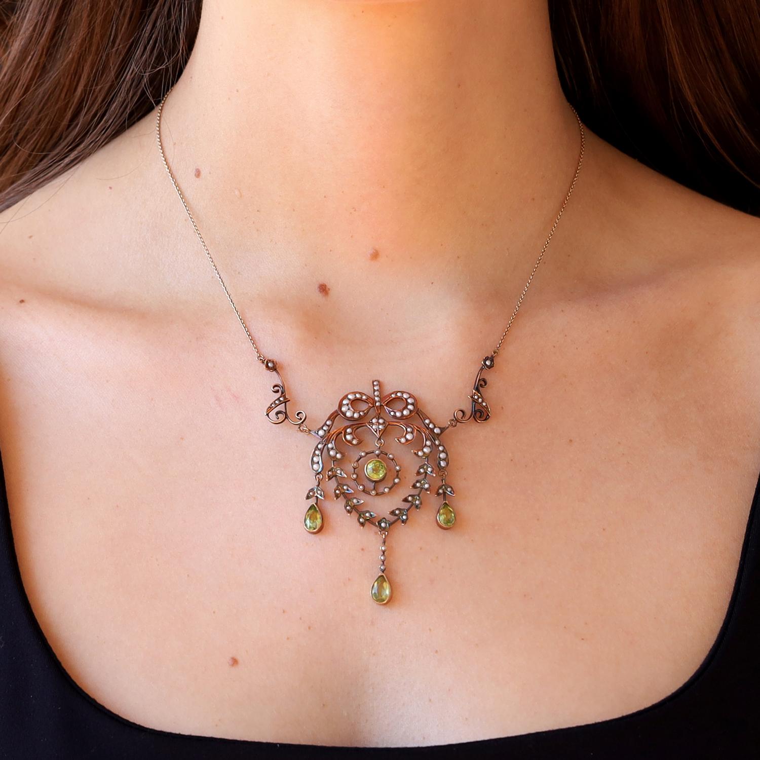 Victorian Antique 14k Peridot and Seed Pearl Lavalier Necklace