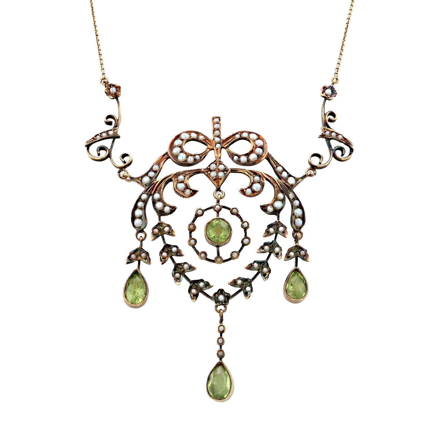 Victorian Antique 14k Peridot and Seed Pearl Lavalier Necklace