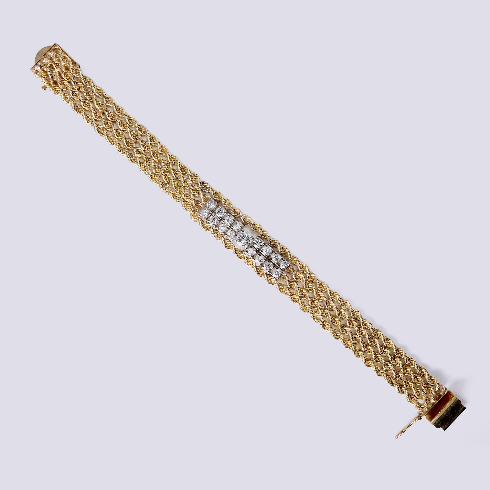 Vintage Estate 1.78 Carat Diamond 4 Strand Heavy 14k Gold Rope Chain ID Bracelet