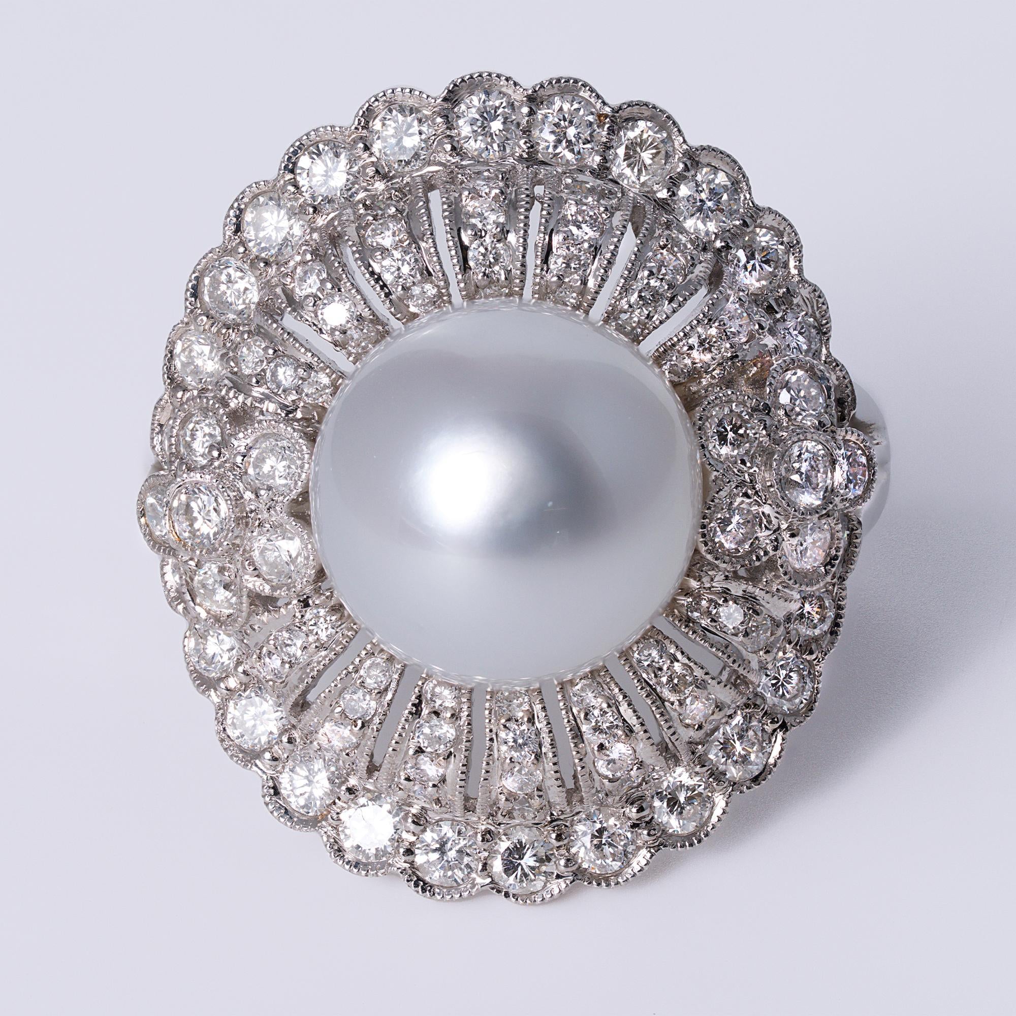 Estate Mid Century South Sea Pearl And Diamond Cocktail Ring
