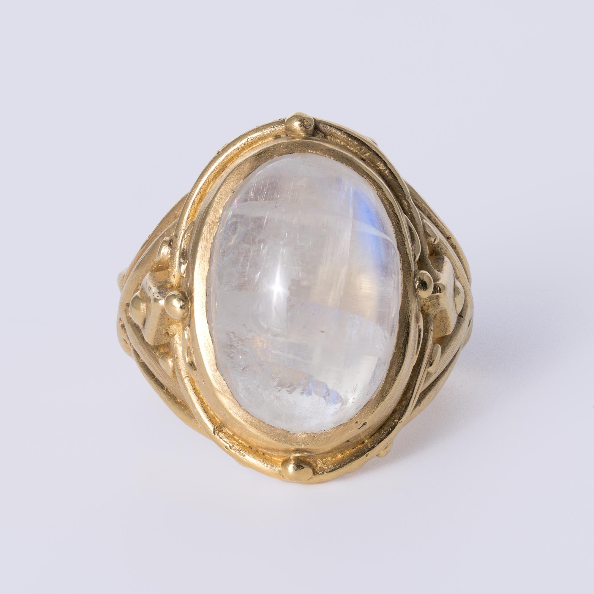 Art Nouveau Revival Rainbow Moonstone 18k Gold Handmade Ring