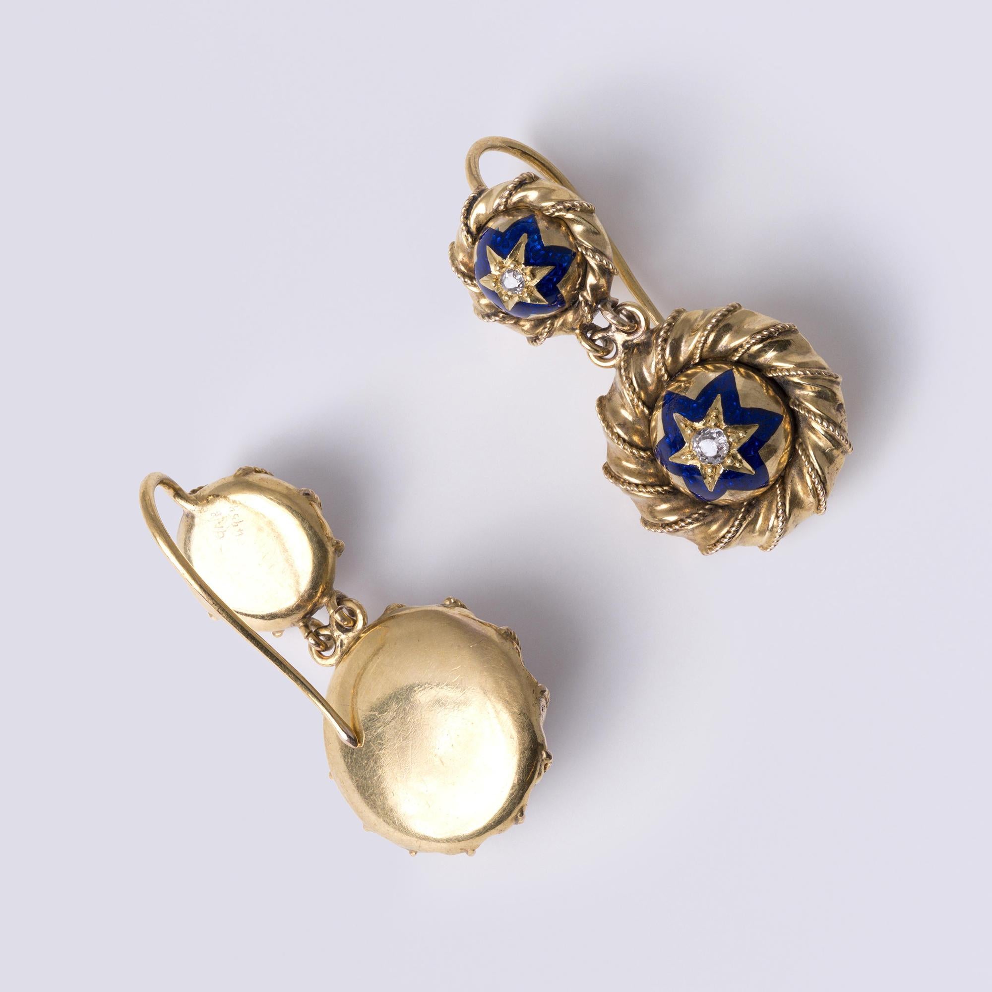 Antique Georgian Enamel & Diamond 6 Point Star 20k Gold Drop Earrings