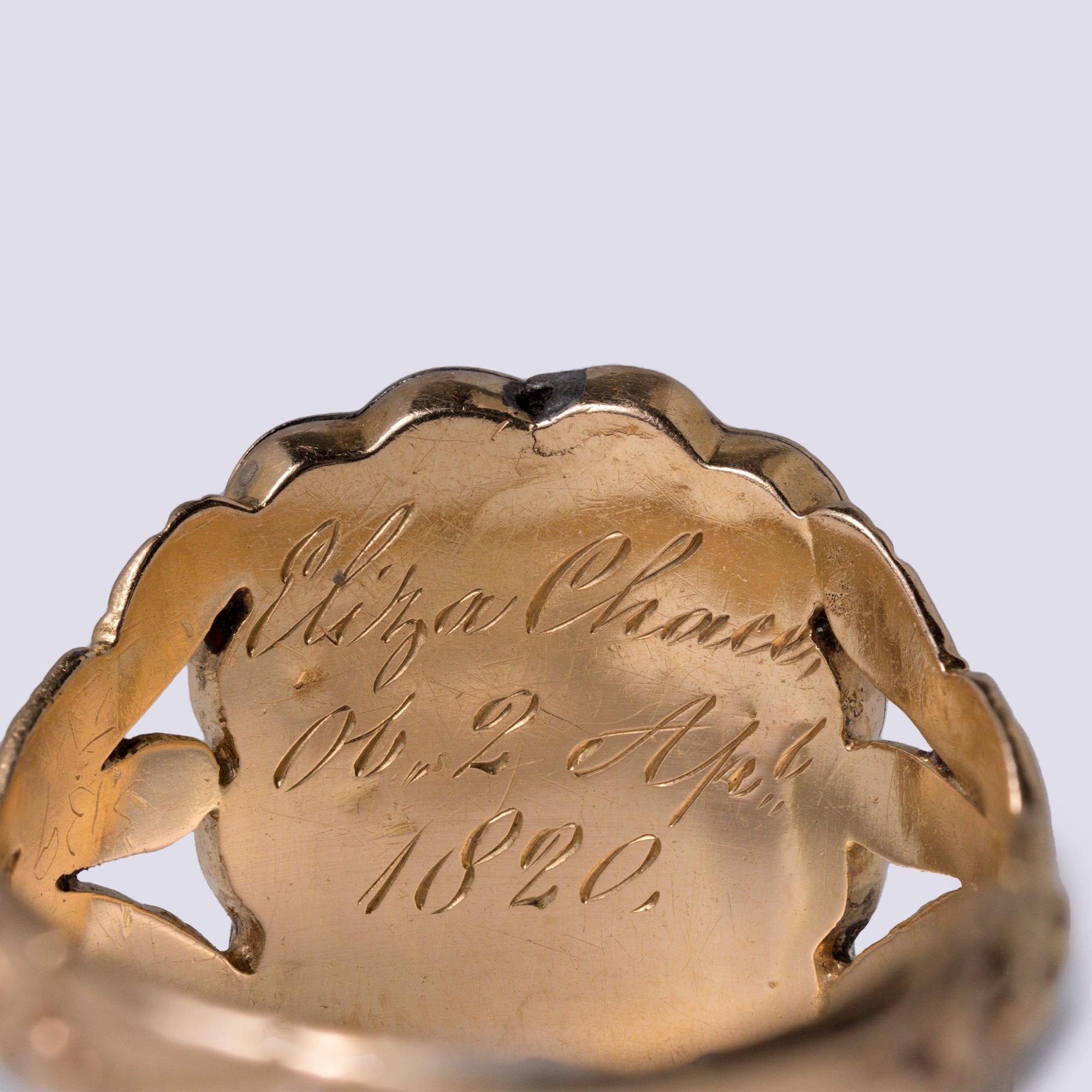Antique Georgian Garnet Pearl & Enamel Mourning Ring, 1820