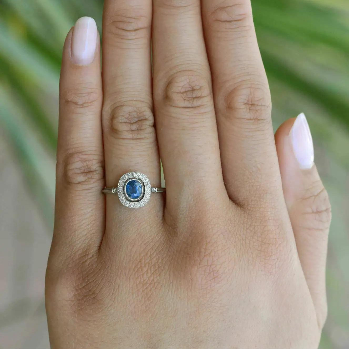 READY Art Deco Style Oval Sapphire Diamond Halo Engagement Ring