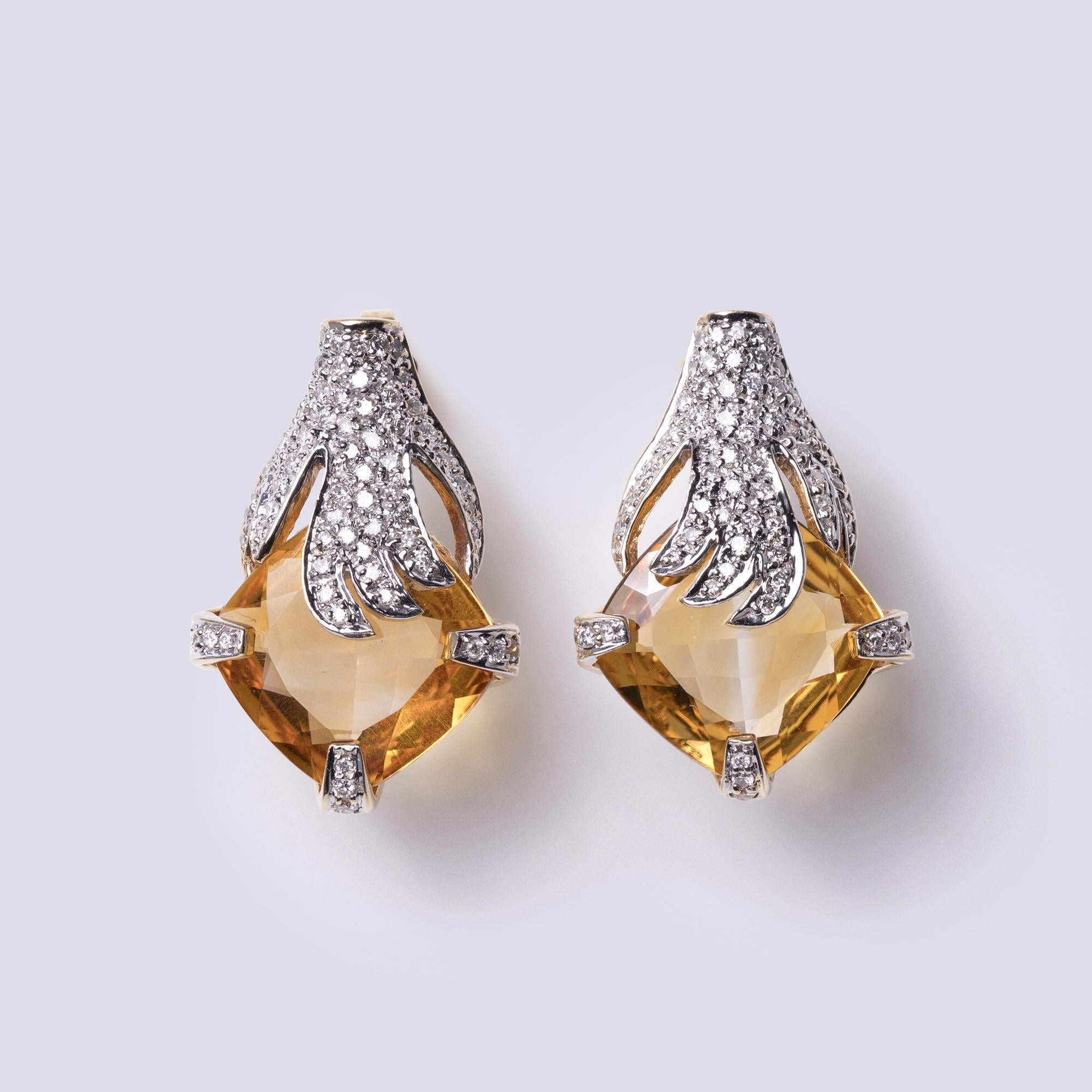 RDY Estate Modernist 16 Carat Citrine & Pavè Diamond 14k Gold Earrings
