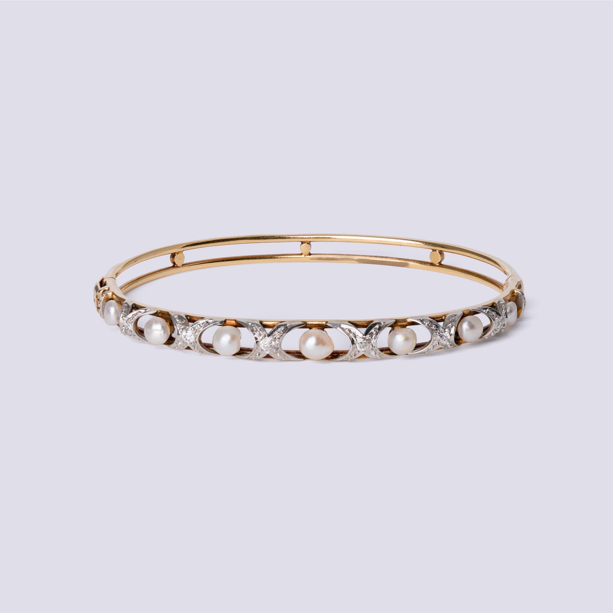 Antique Edwardian Diamond & Pearl 14k/Platinum Bangle Bracelet