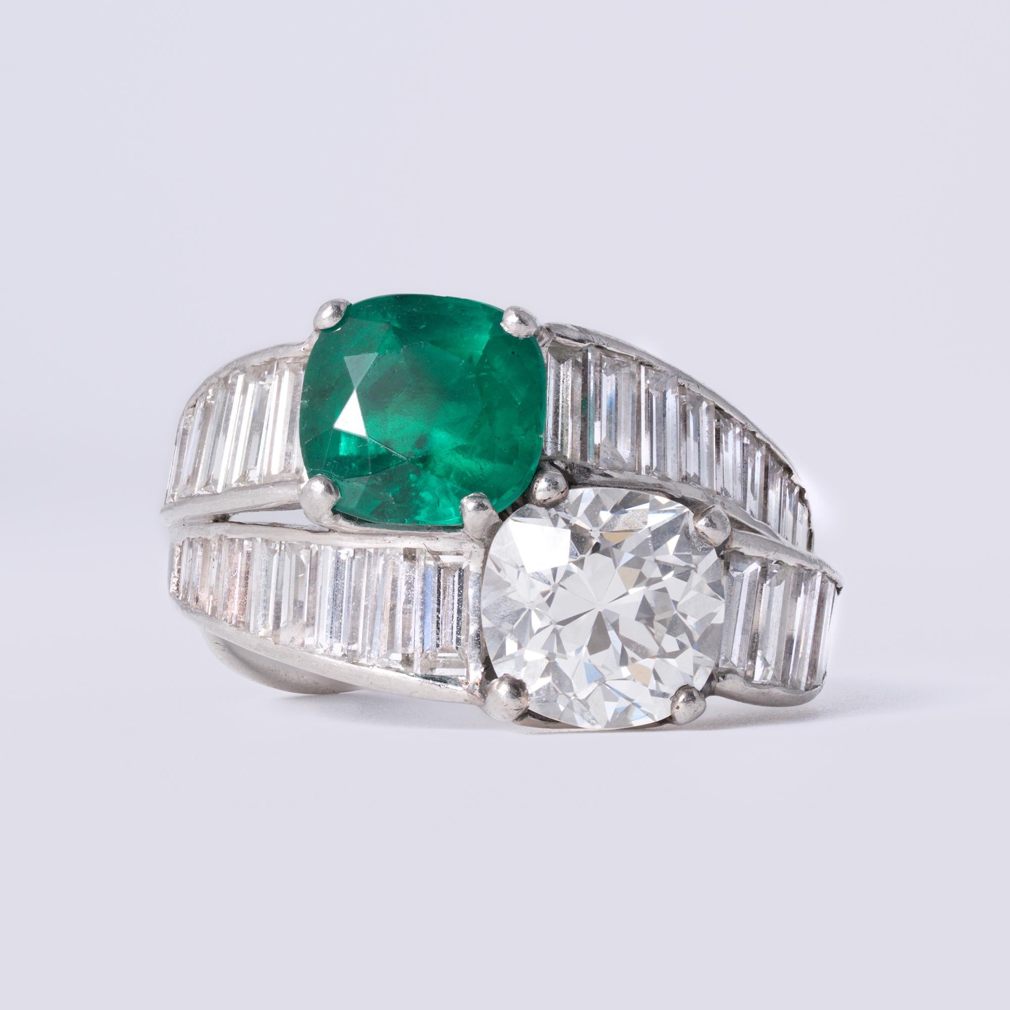 Art Deco 1930's Tiffany & Co GIA Certified Diamond & Emerald Toi Et Moi Ring