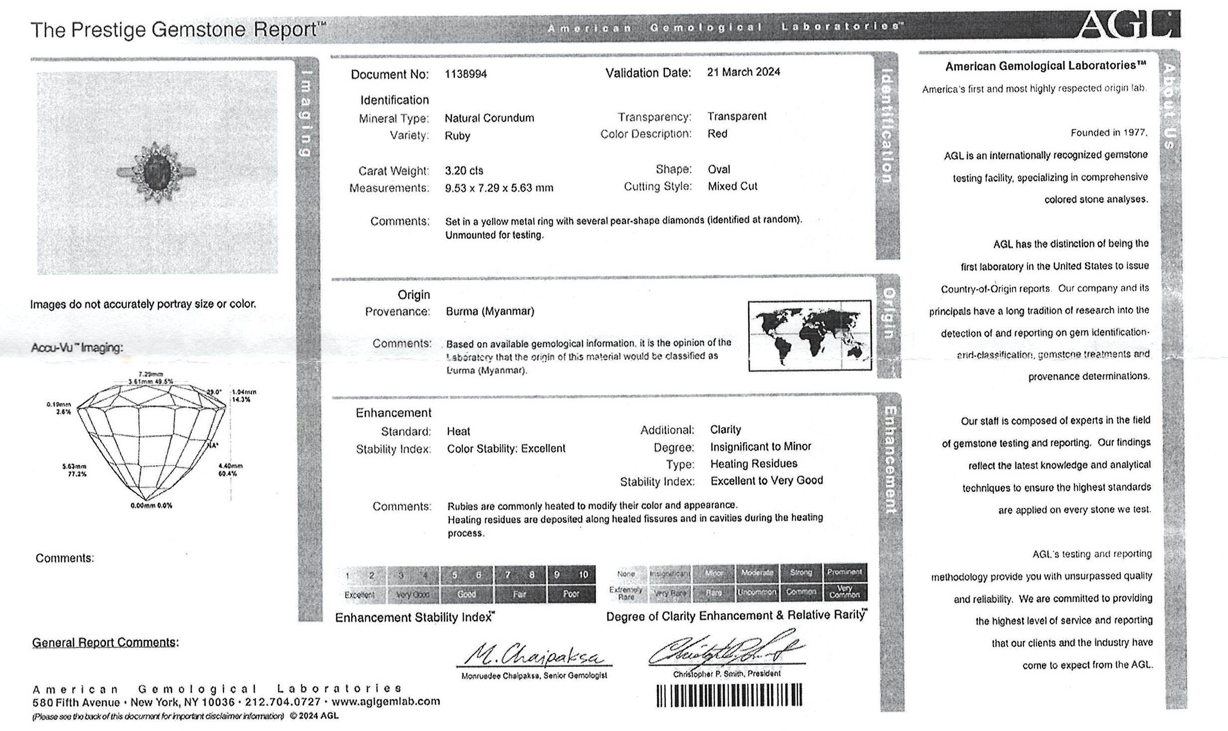 Vintage Tiffany & Co 3.20 Carat AGL Certified Burma Ruby Ring