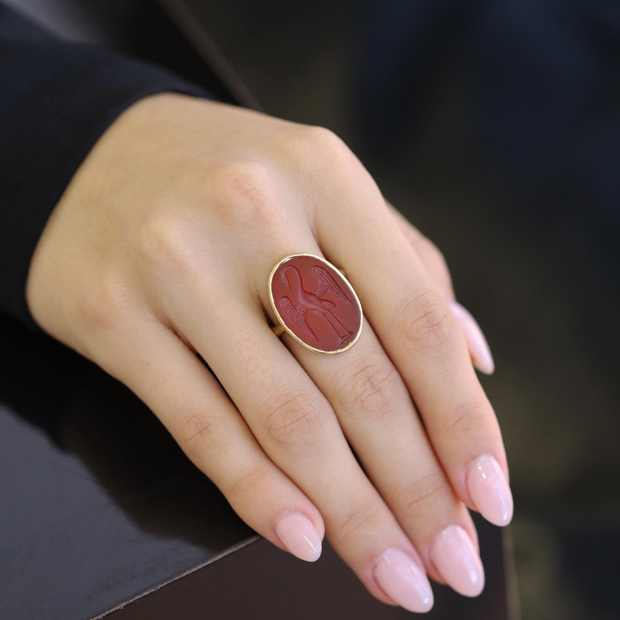 Antique Carved Carnelian Intaglio 18k Gold Heron Ring