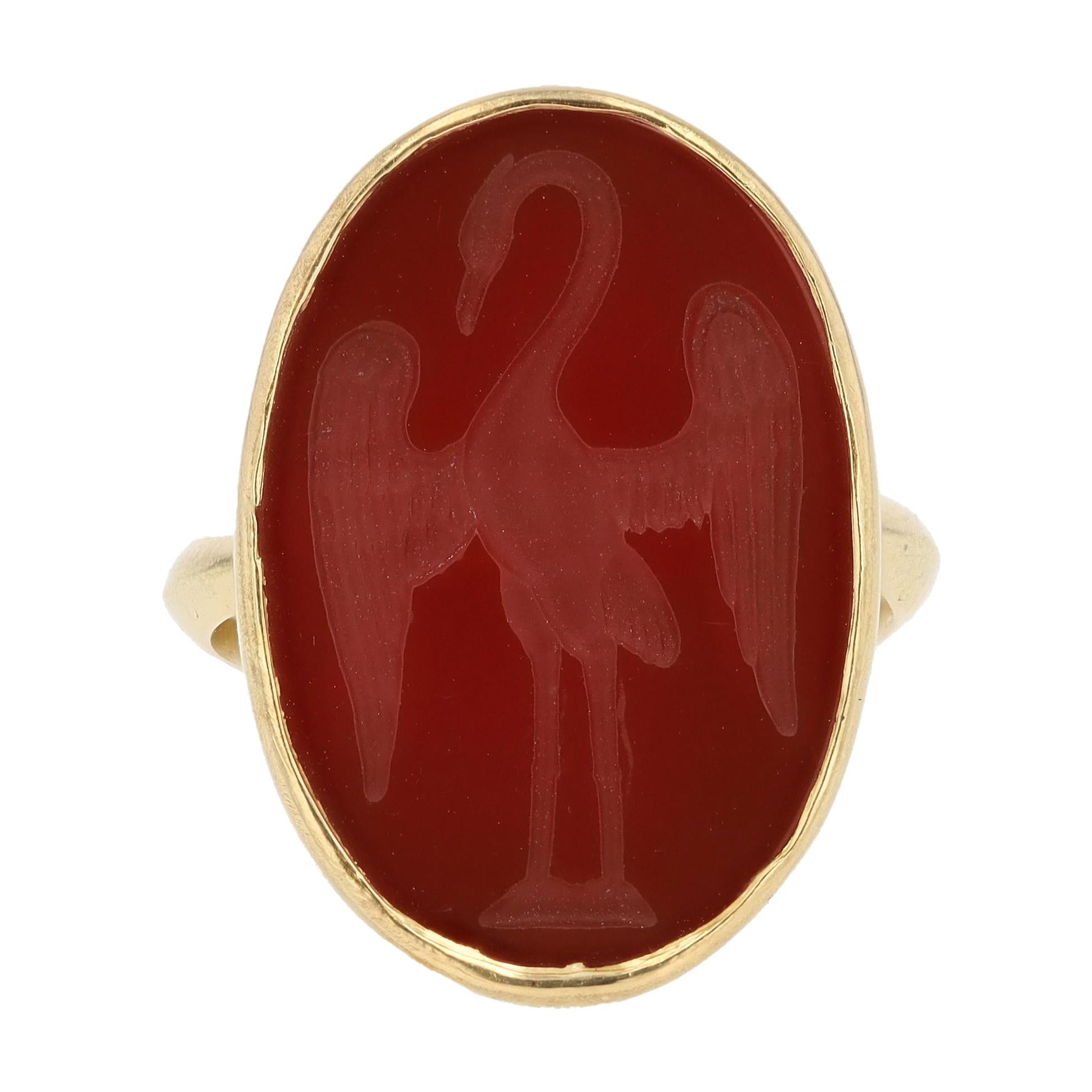 Antique Carved Carnelian Intaglio 18k Gold Heron Ring