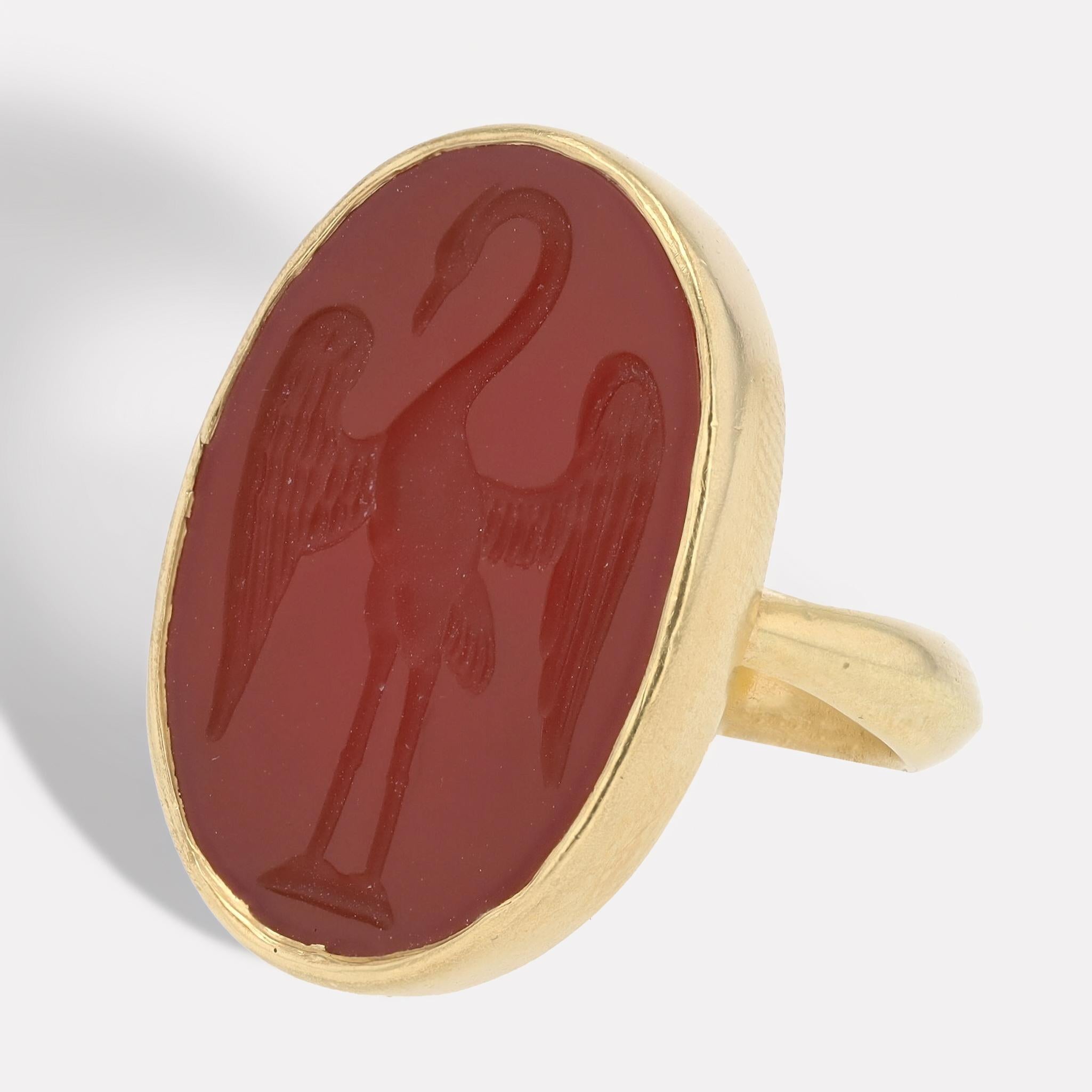 Antique Carved Carnelian Intaglio 18k Gold Heron Ring