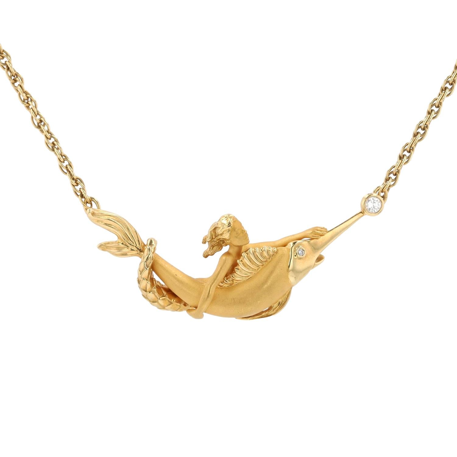 Carrera Y Carrera Vintage 22 Karat Gold Mermaid & Swordfish Bar Necklace