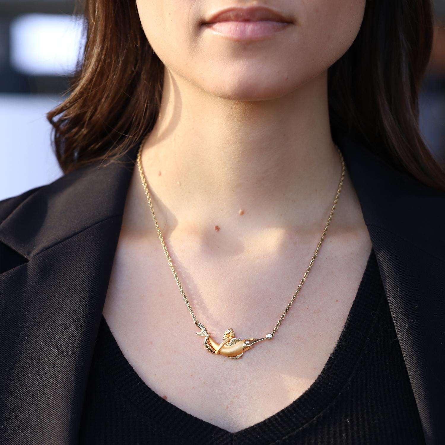 Carrera Y Carrera Vintage 22 Karat Gold Mermaid & Swordfish Bar Necklace