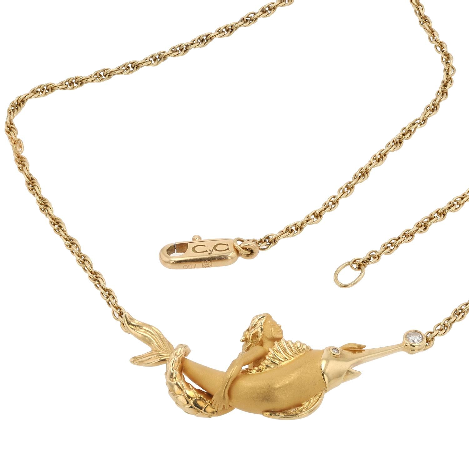 Carrera Y Carrera Vintage 22 Karat Gold Mermaid & Swordfish Bar Necklace