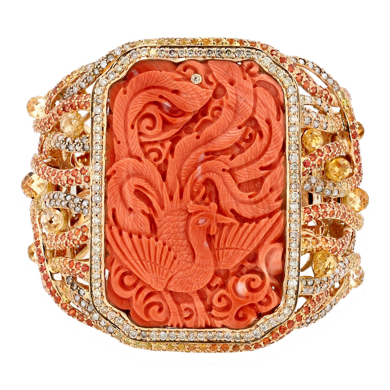 Vintage Carved Coral Phoenix & Sapphire Dramatic Large 18k Gold Cuff Bracelet