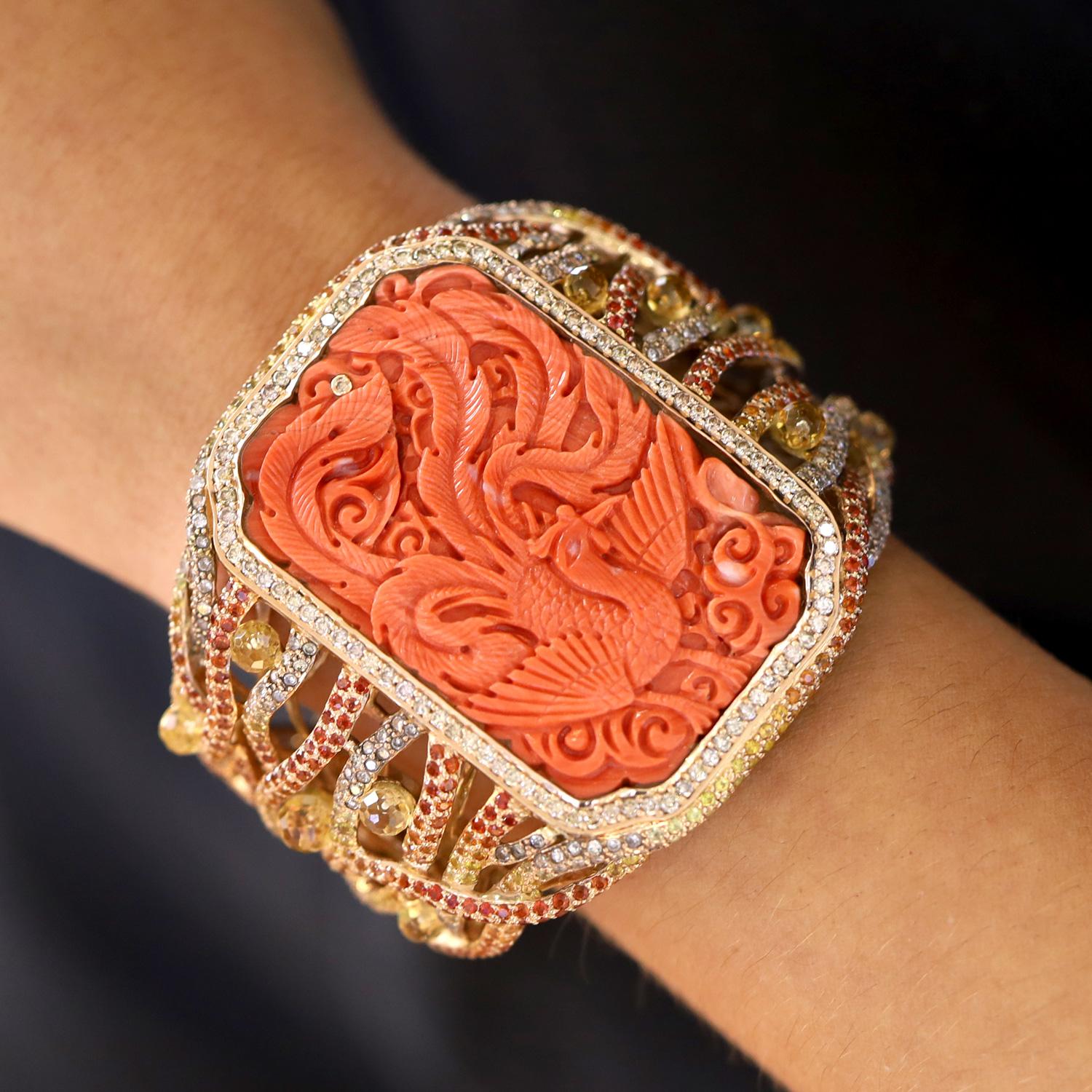 Vintage Carved Coral Phoenix & Sapphire Dramatic Large 18k Gold Cuff Bracelet