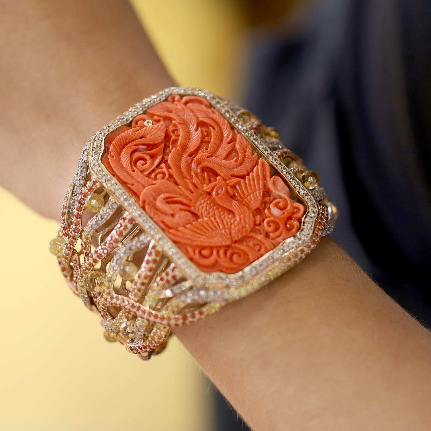 Vintage Carved Coral Phoenix & Sapphire Dramatic Large 18k Gold Cuff Bracelet