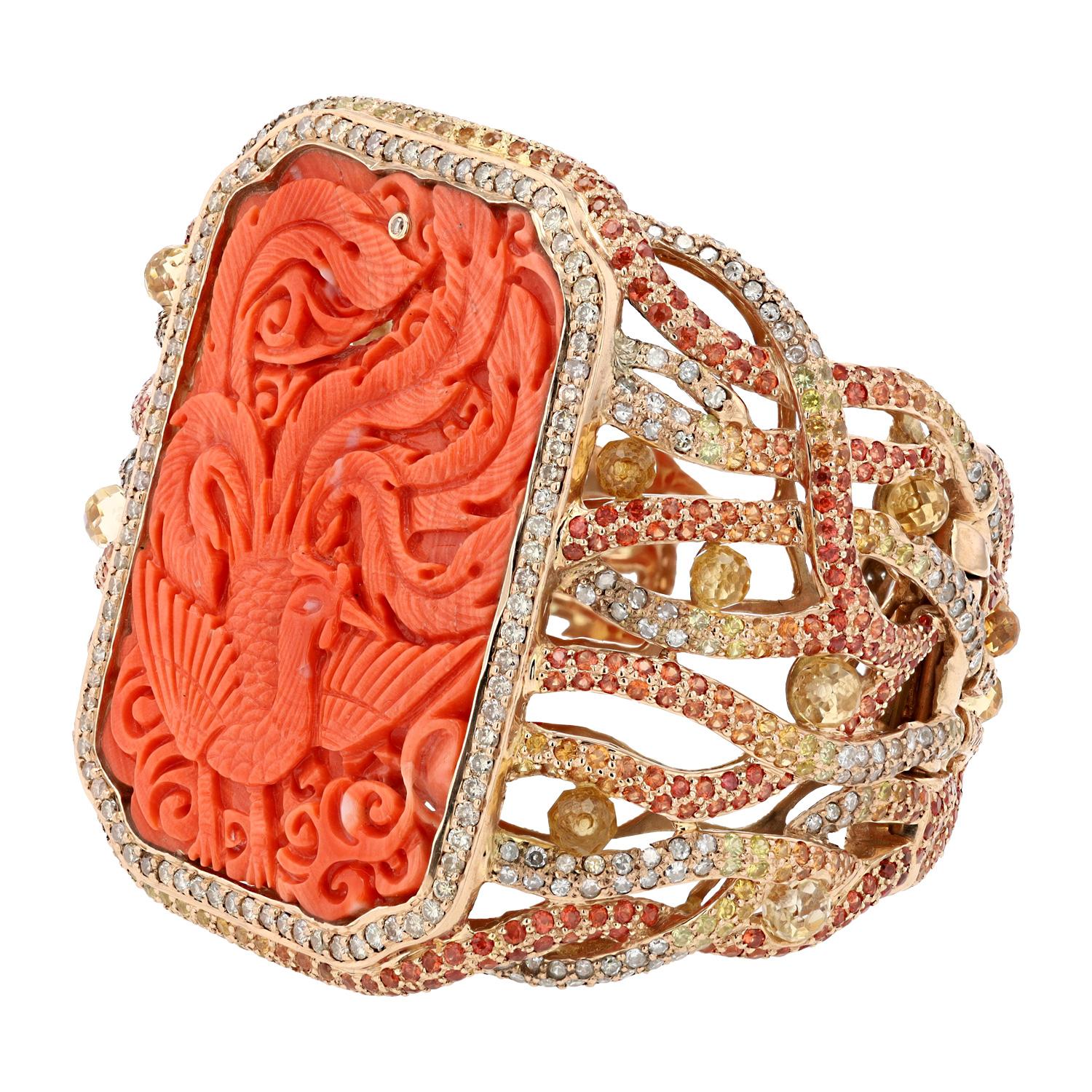 Vintage Carved Coral Phoenix & Sapphire Dramatic Large 18k Gold Cuff Bracelet