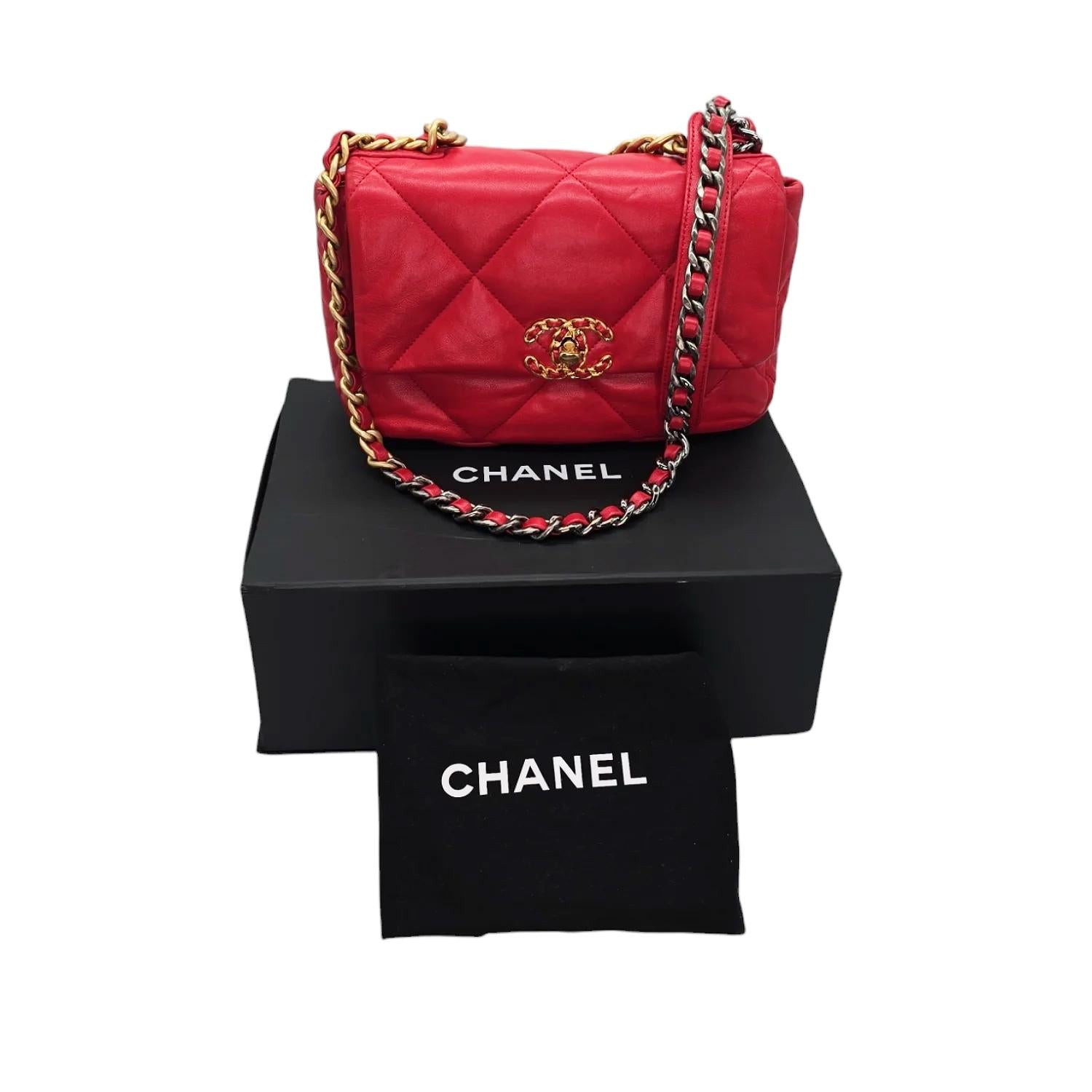 Chanel 19 Red Lambskin Quilted Medium Flap Bag Red