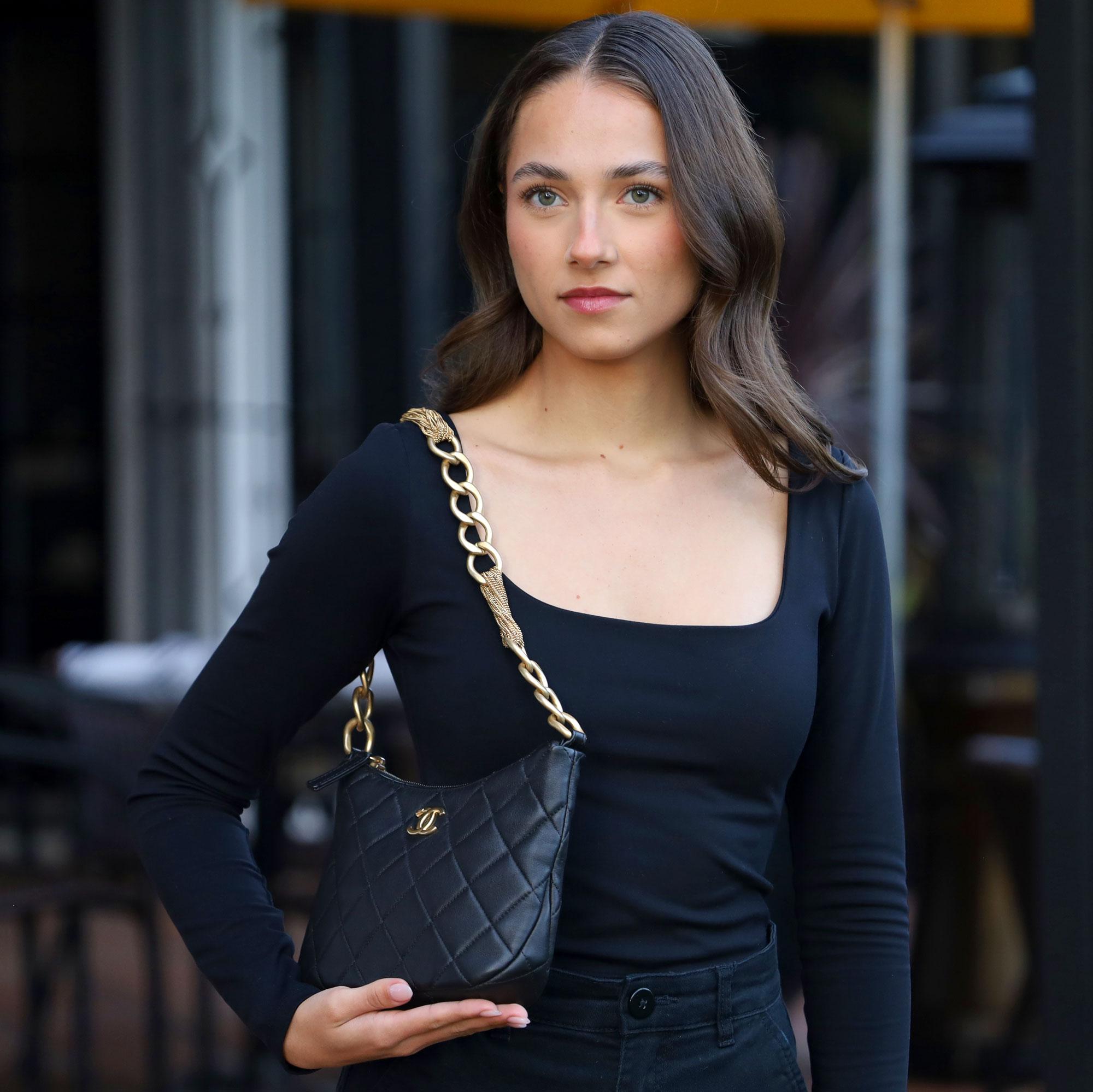 Pre Owned Chanel 2023 23A Black Quilted Lambskin Hobo Bag