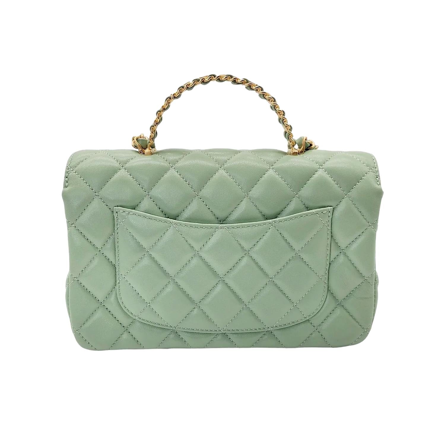 Like New Chanel 2024 Pistachio Rectangular Mini Logo Top Flap Bag