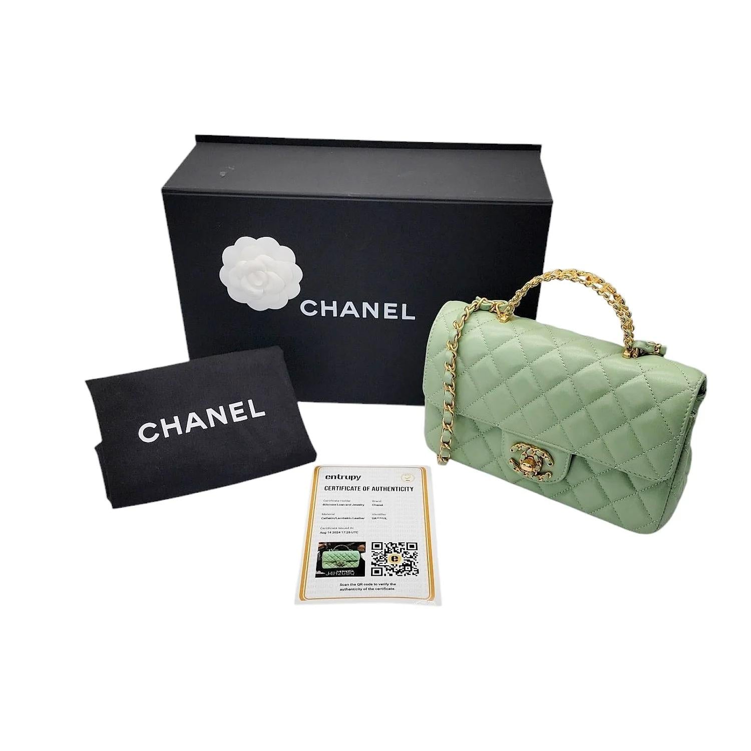 Like New Chanel 2024 Pistachio Rectangular Mini Logo Top Flap Bag
