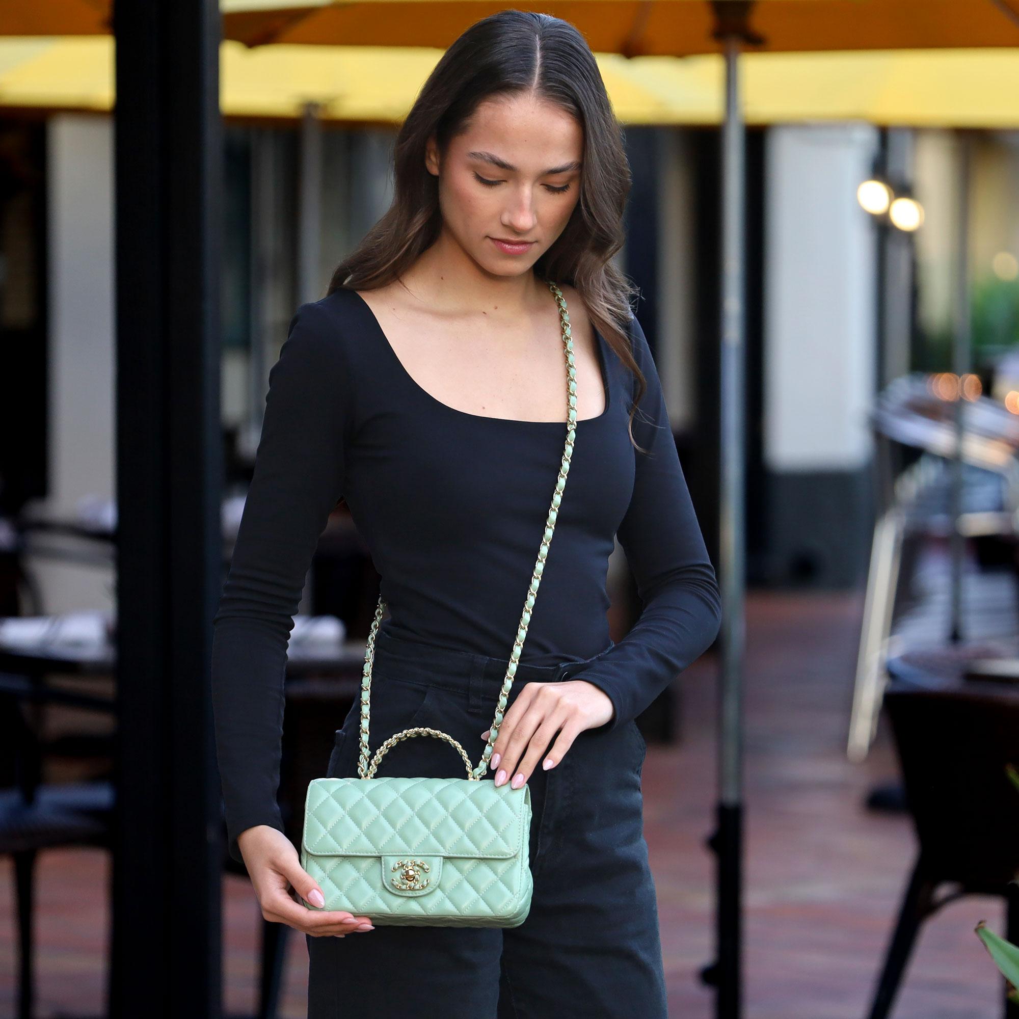 Like New Chanel 2024 Pistachio Rectangular Mini Logo Top Flap Bag