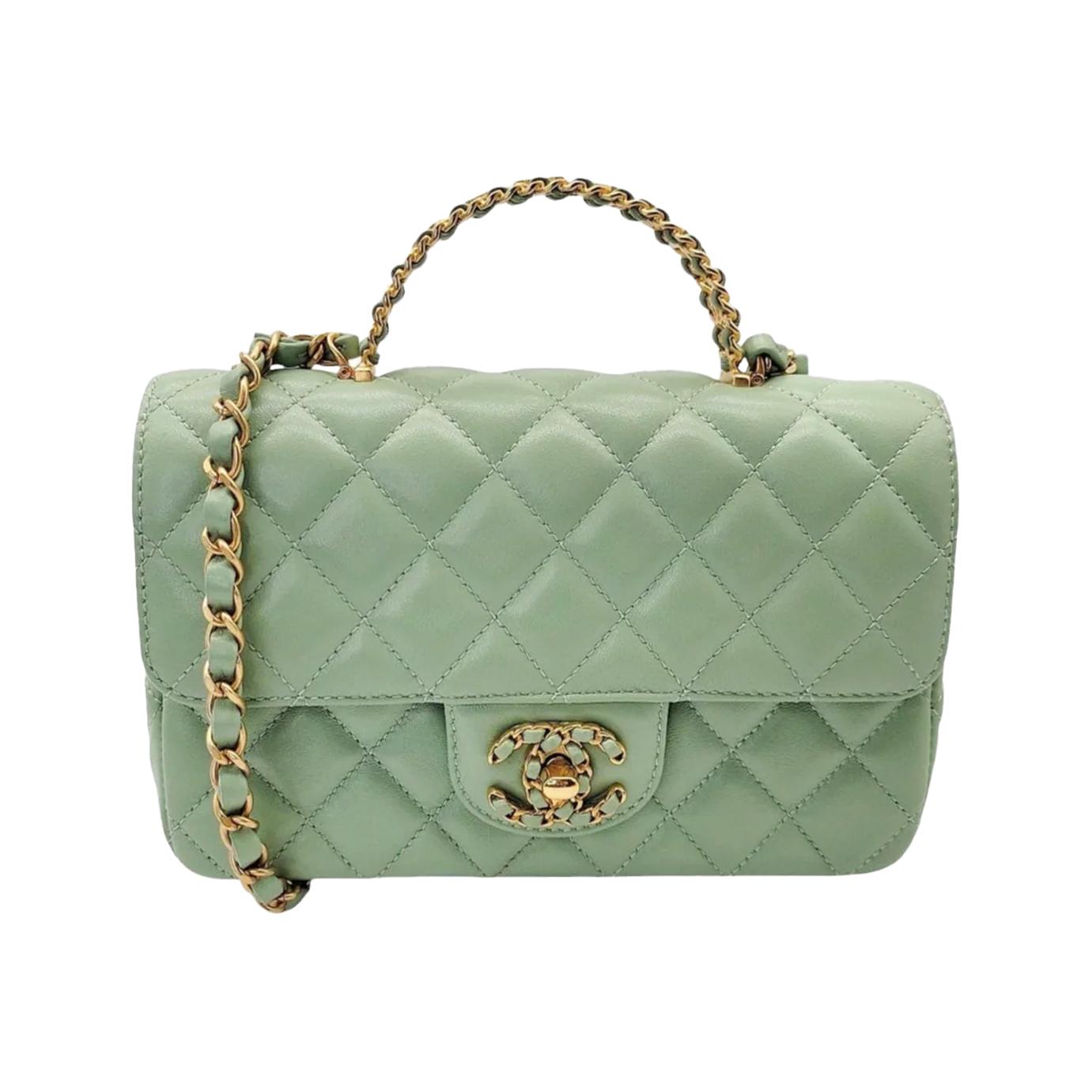 Like New Chanel 2024 Pistachio Rectangular Mini Logo Top Flap Bag
