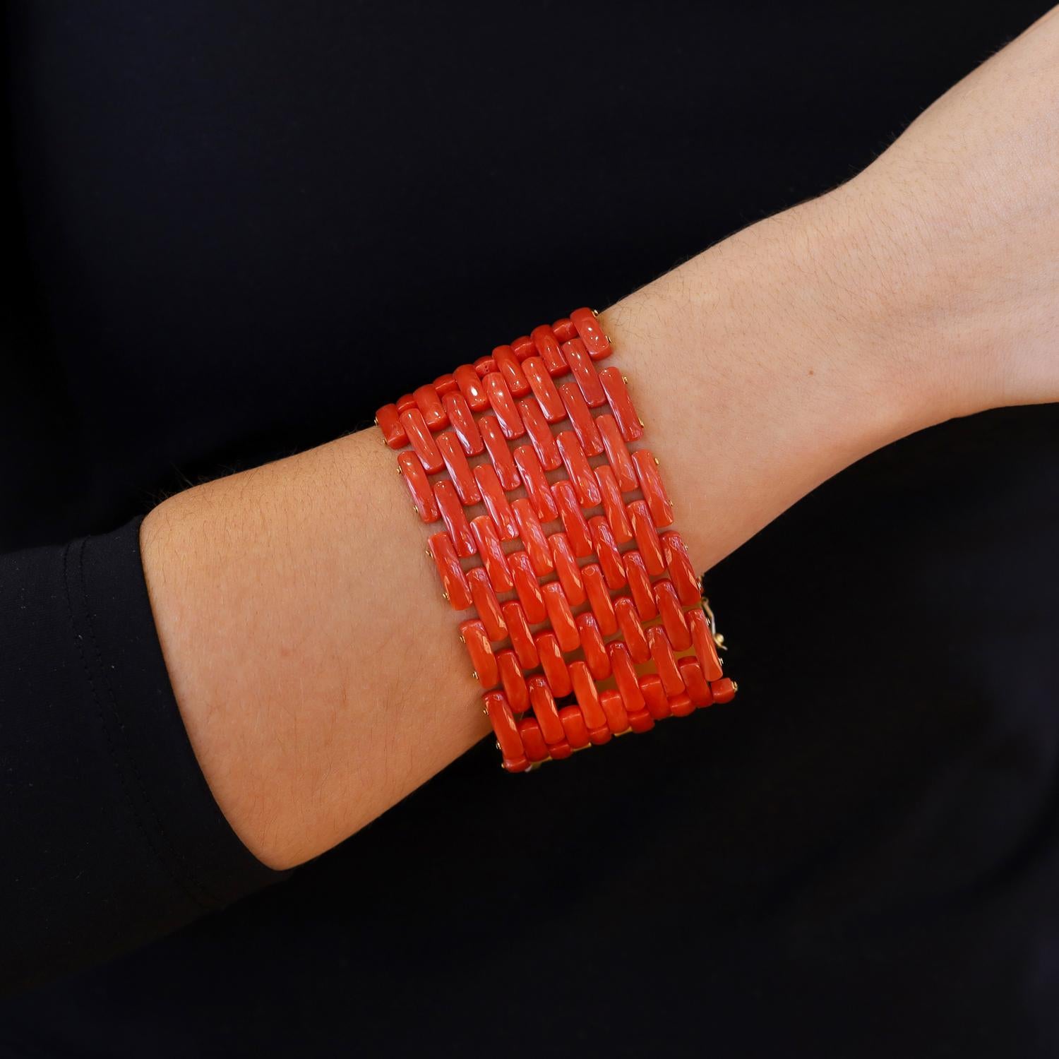 Retro Red Coral and 18k Gold Wide Tank Bracelet