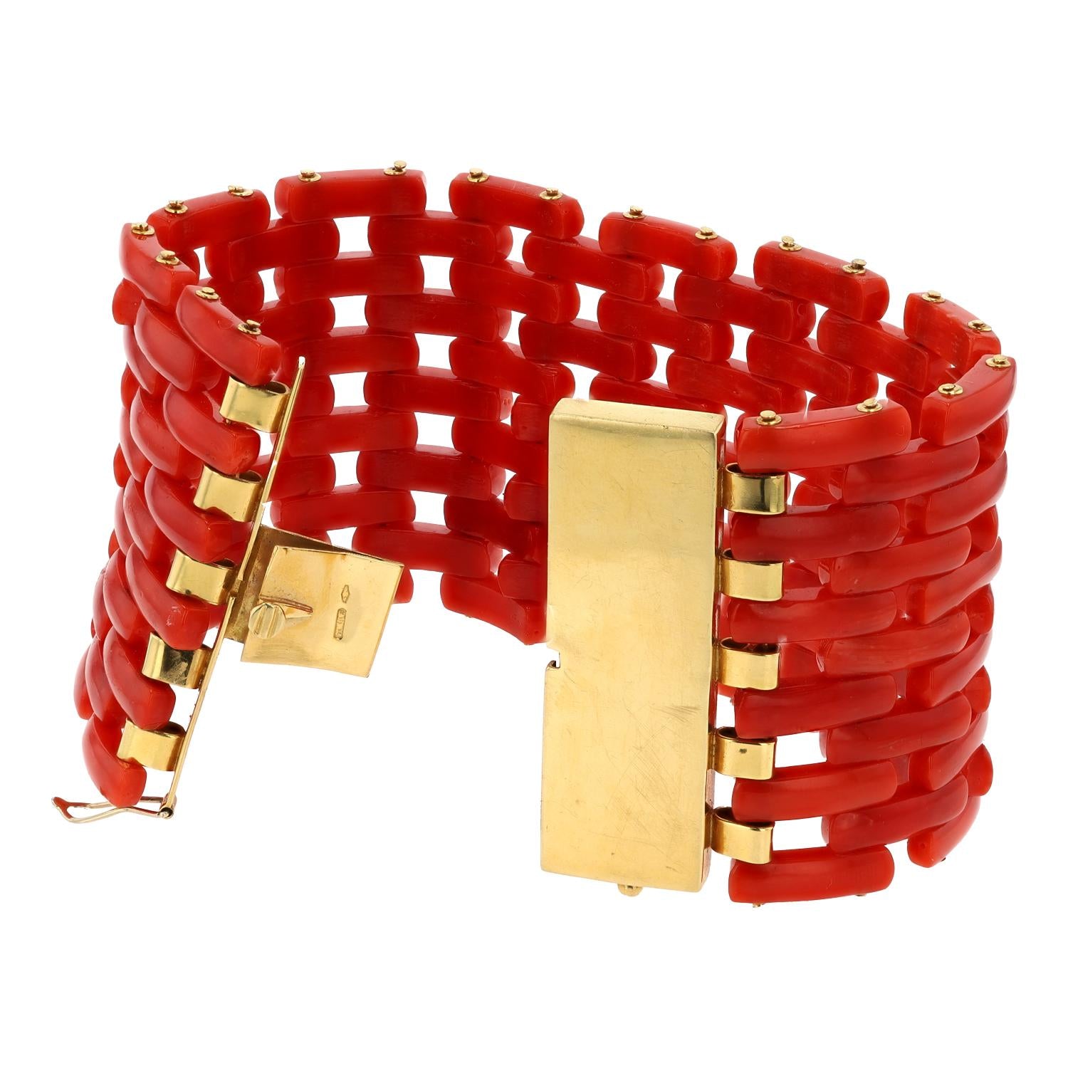 Retro Red Coral and 18k Gold Wide Tank Bracelet