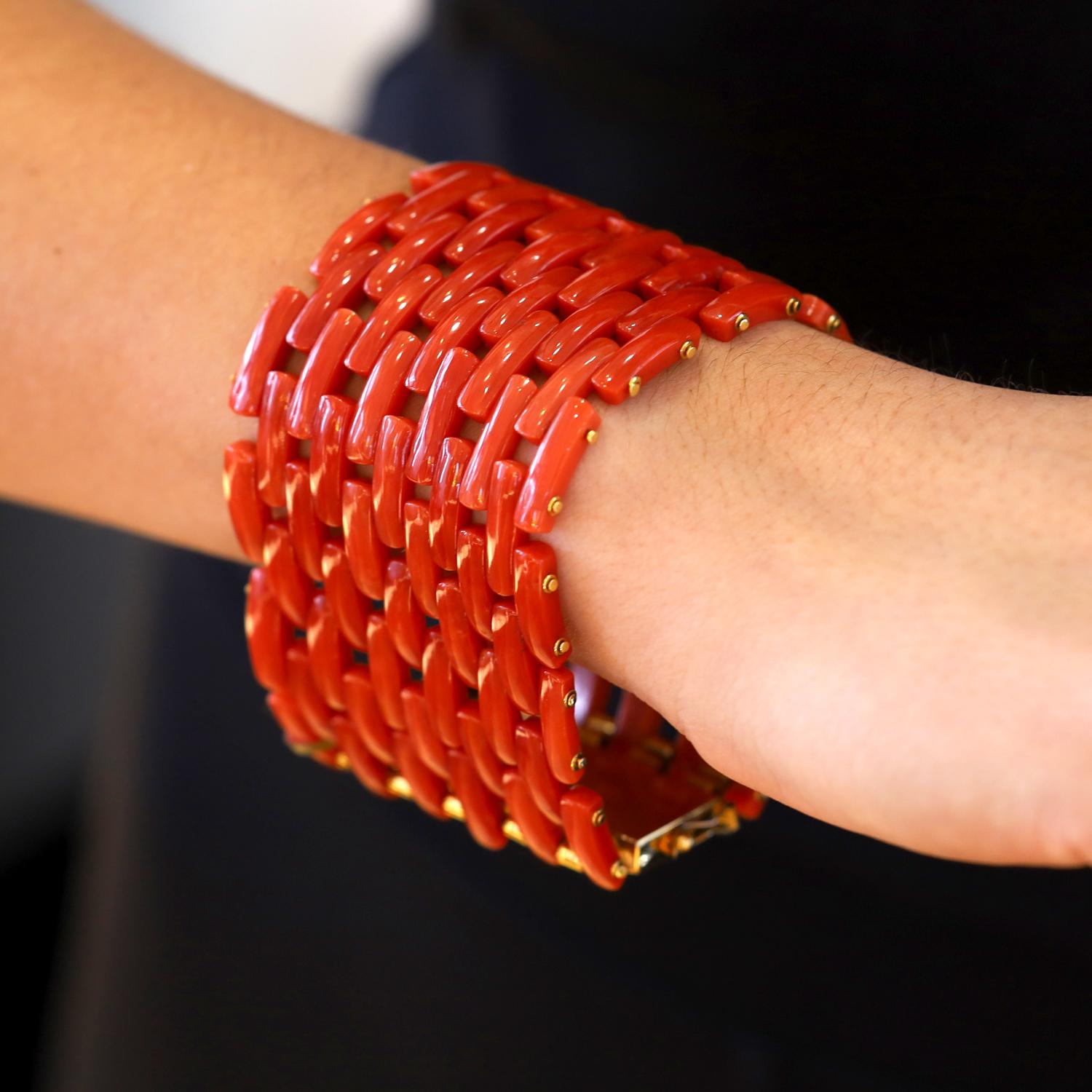 Retro Red Coral and 18k Gold Wide Tank Bracelet