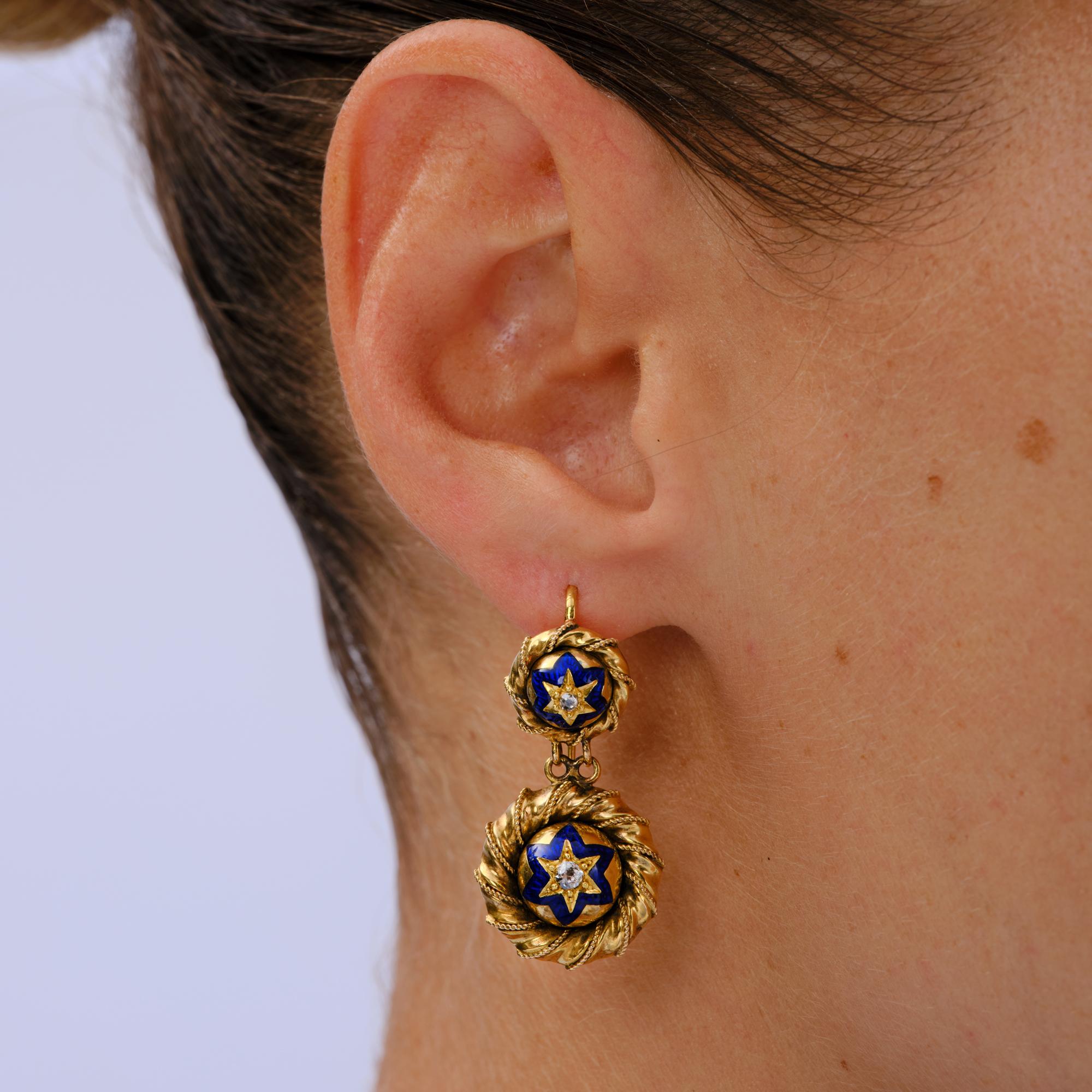 Antique Georgian Enamel & Diamond 6 Point Star 20k Gold Drop Earrings