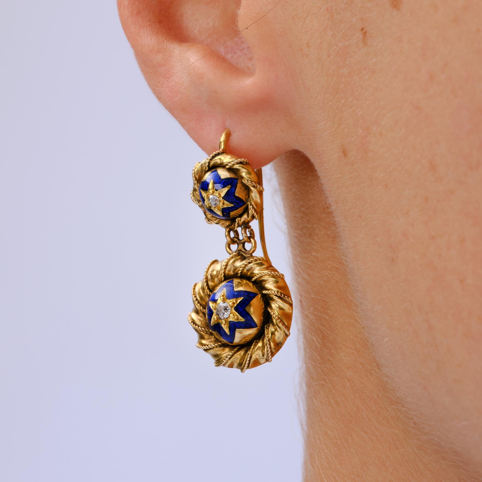 Antique Georgian Enamel & Diamond 6 Point Star 20k Gold Drop Earrings