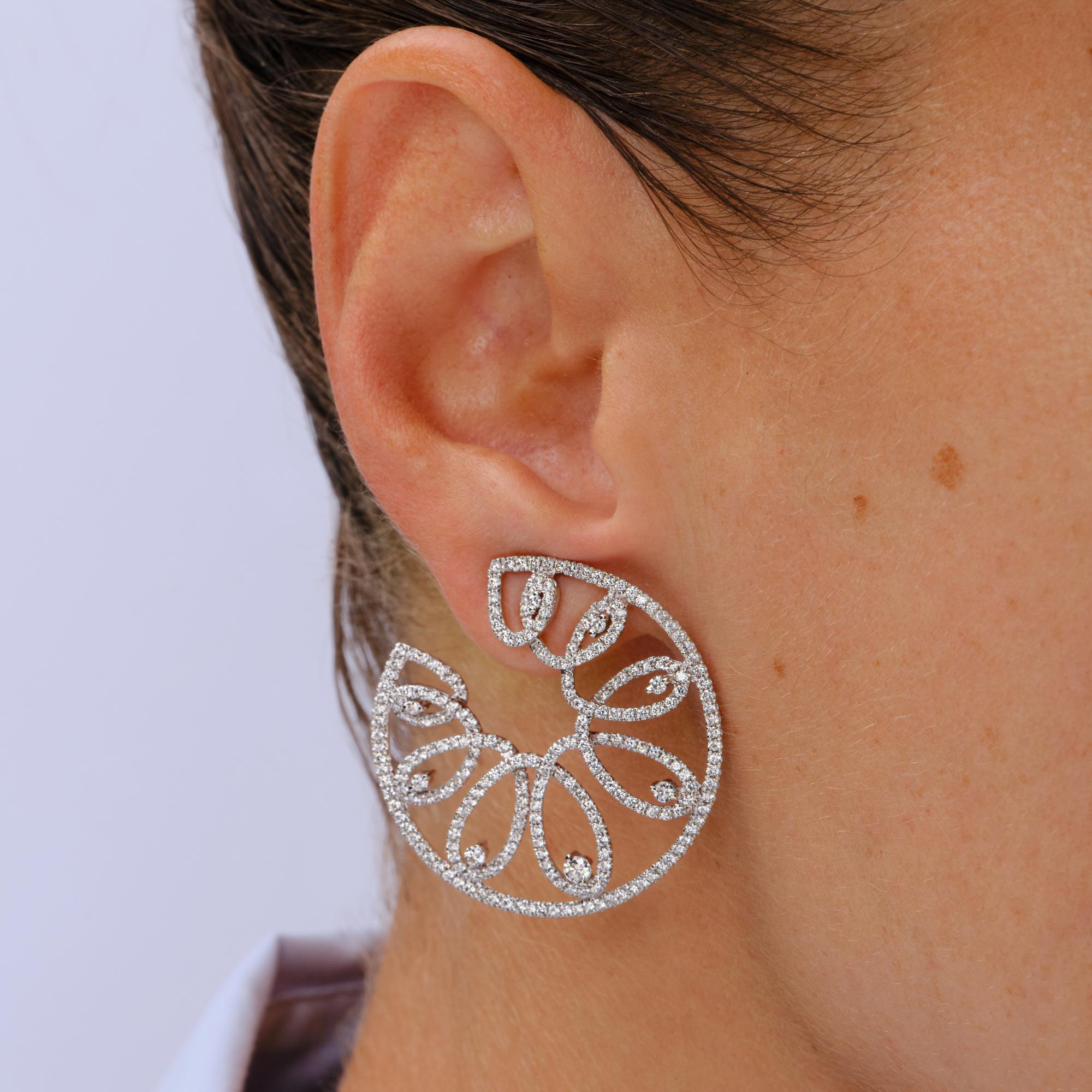 5 Carat Diamond White Gold Front Facing Scrolling Hoop Earrings