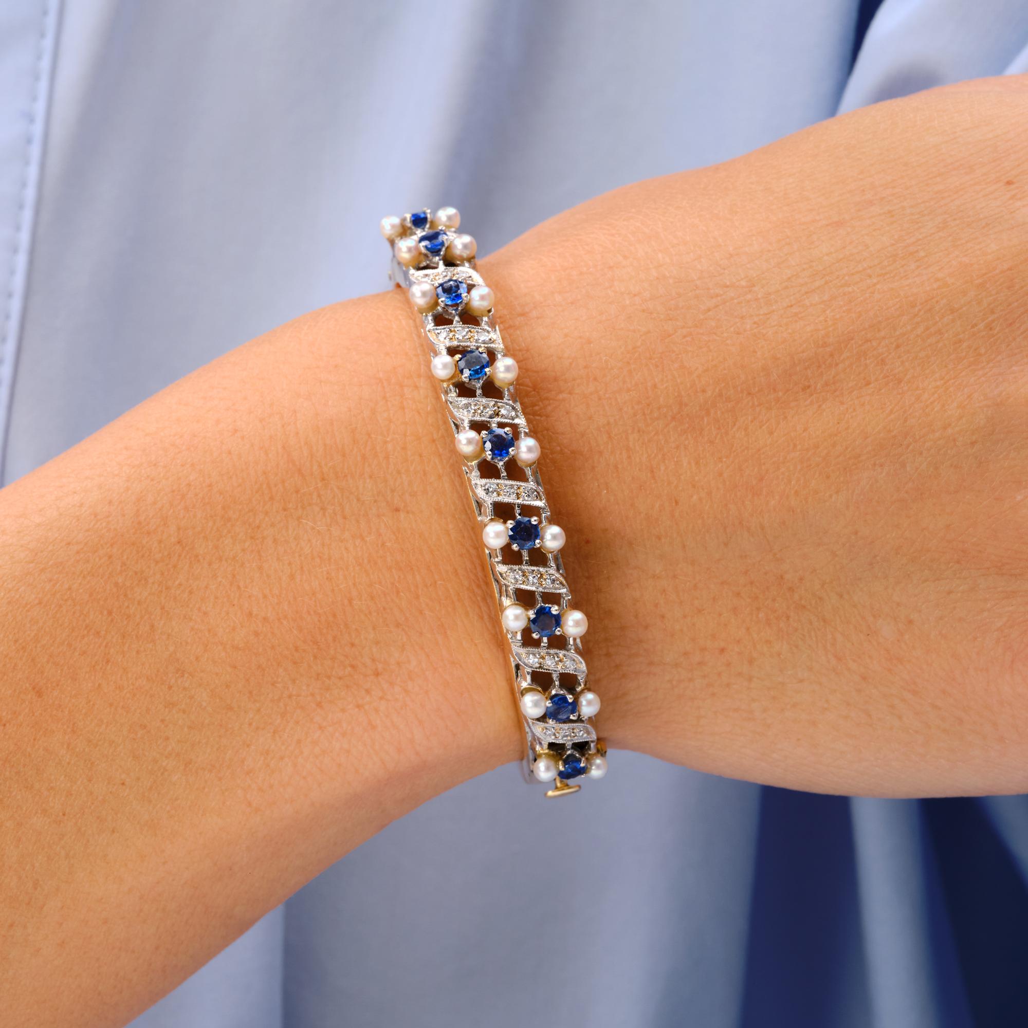 Art Nouveau Sapphire Diamond & Natural Pearl Gold Bangle Bracelet