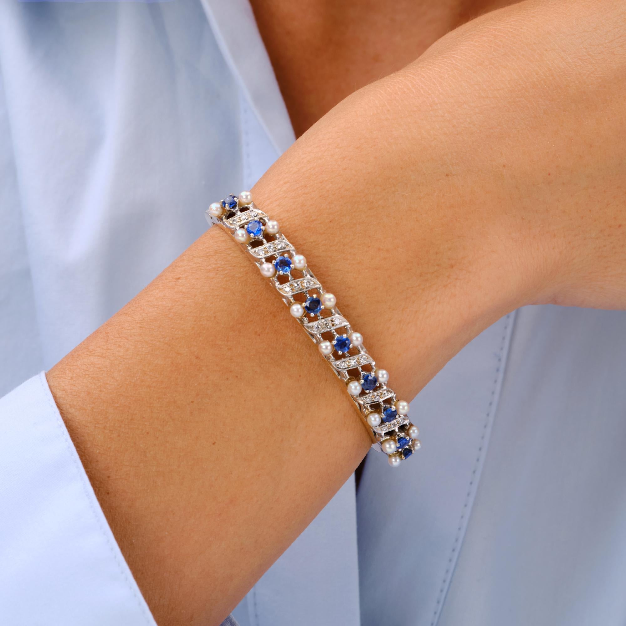Art Nouveau Sapphire Diamond & Natural Pearl Gold Bangle Bracelet