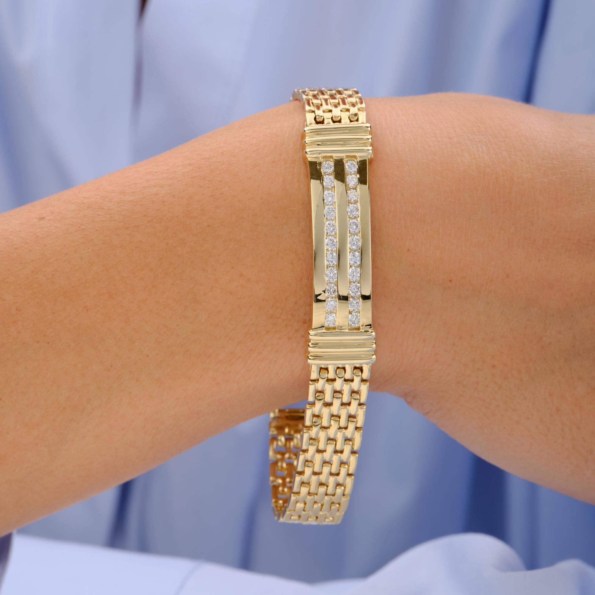 Vintage 1980s 2-Row Diamond 14k Yellow Gold Estate ID Link Bracelet