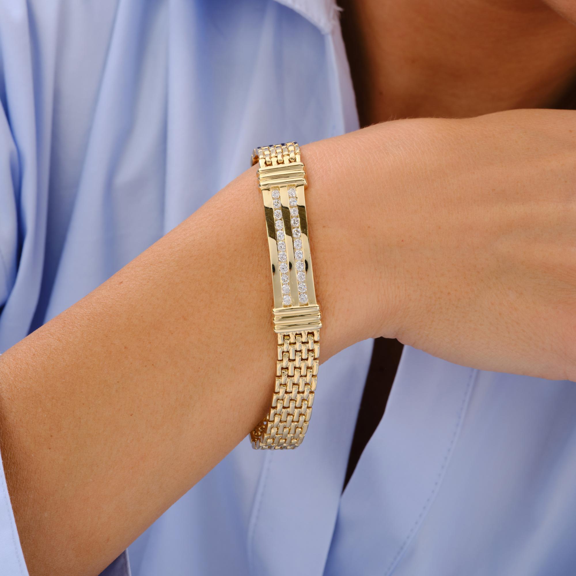 Vintage 1980s 2-Row Diamond 14k Yellow Gold Estate ID Link Bracelet