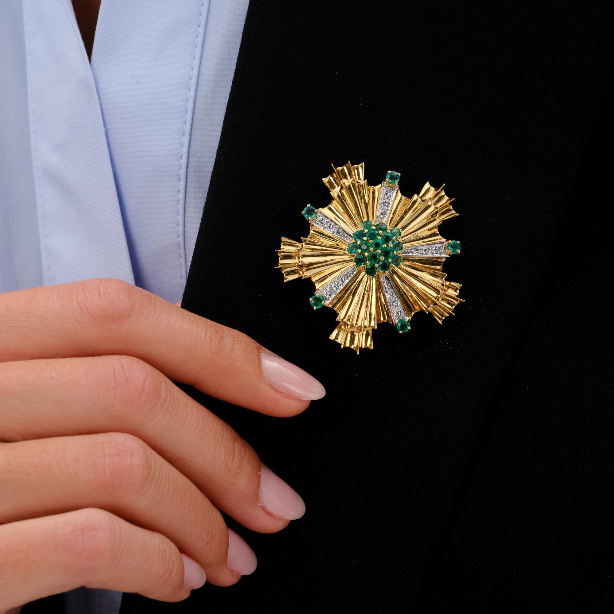 Vintage Tiffany & Co Mid-Century Emerald And Diamond Pinwheel Brooch