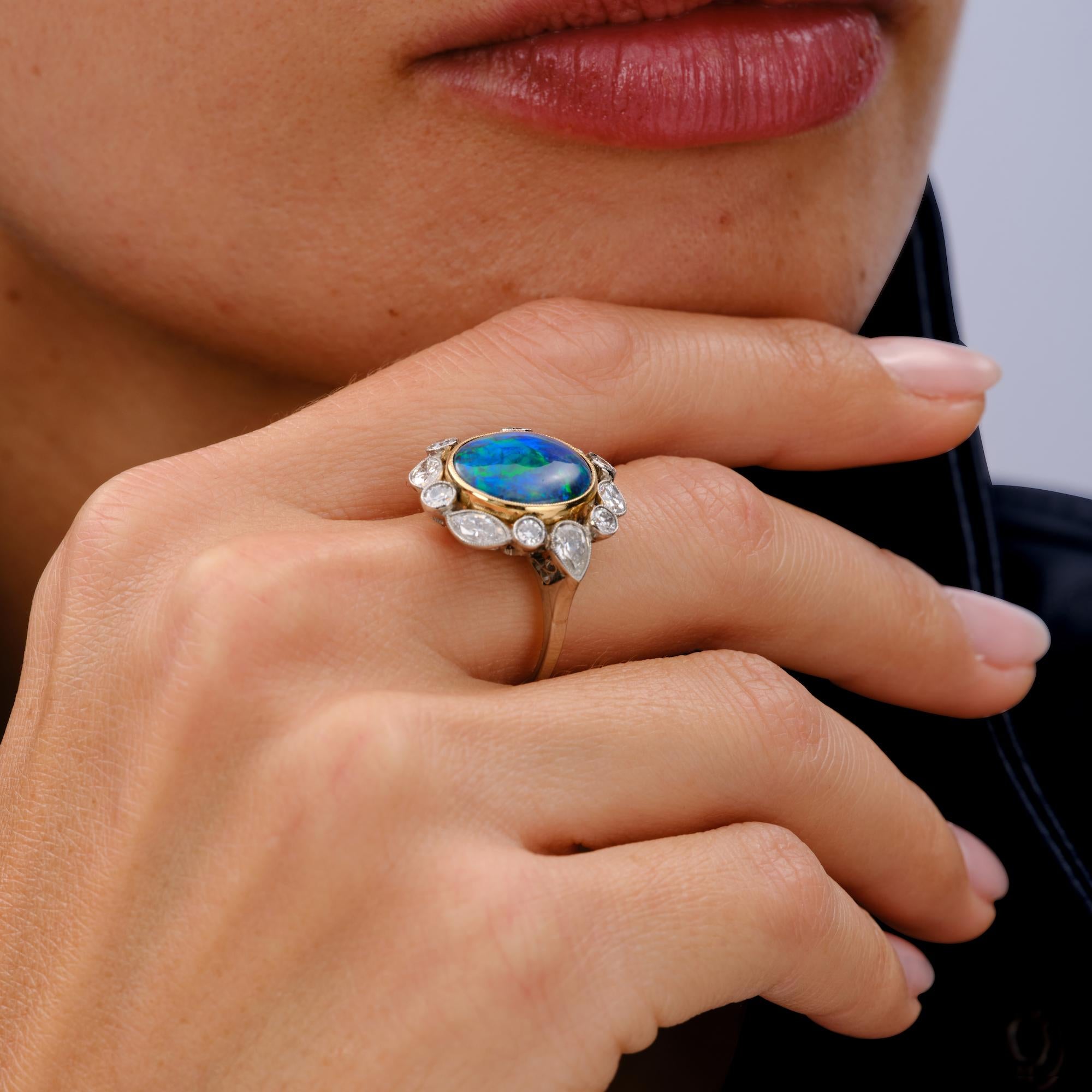 Mid-Century Black Opal and Diamond Platinum Cocktail Ring