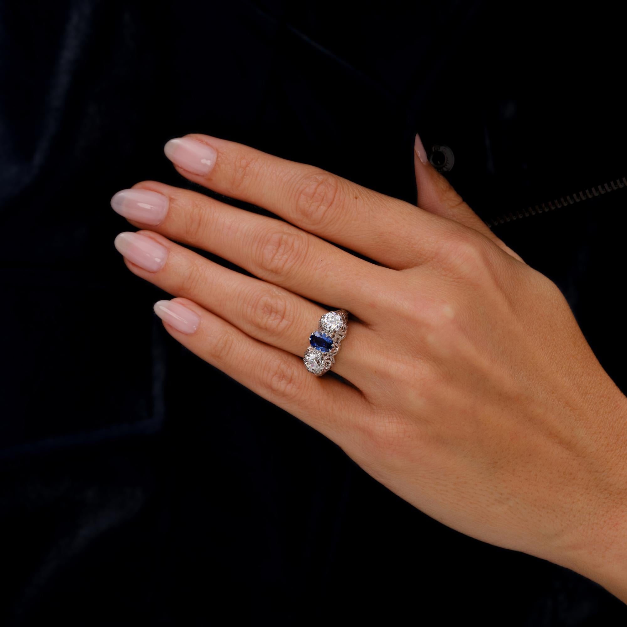 Antique Art Deco 2.78 Carat 3 Stone Diamond & Sapphire Filigree Engagement Ring