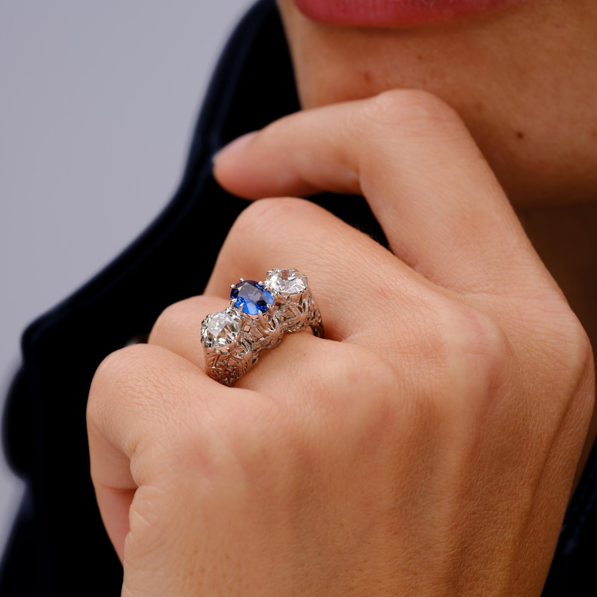 Antique Art Deco 2.78 Carat 3 Stone Diamond & Sapphire Filigree Engagement Ring