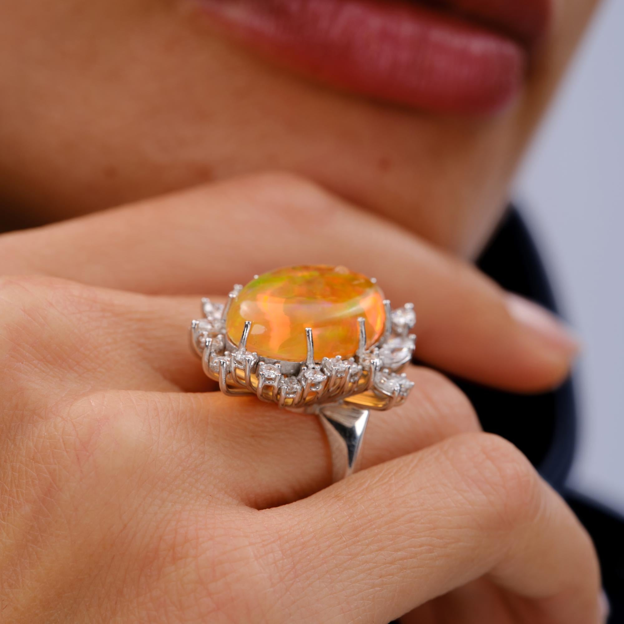 Mid Century Mexican Fire Opal & Diamond Grand Cocktail Ring