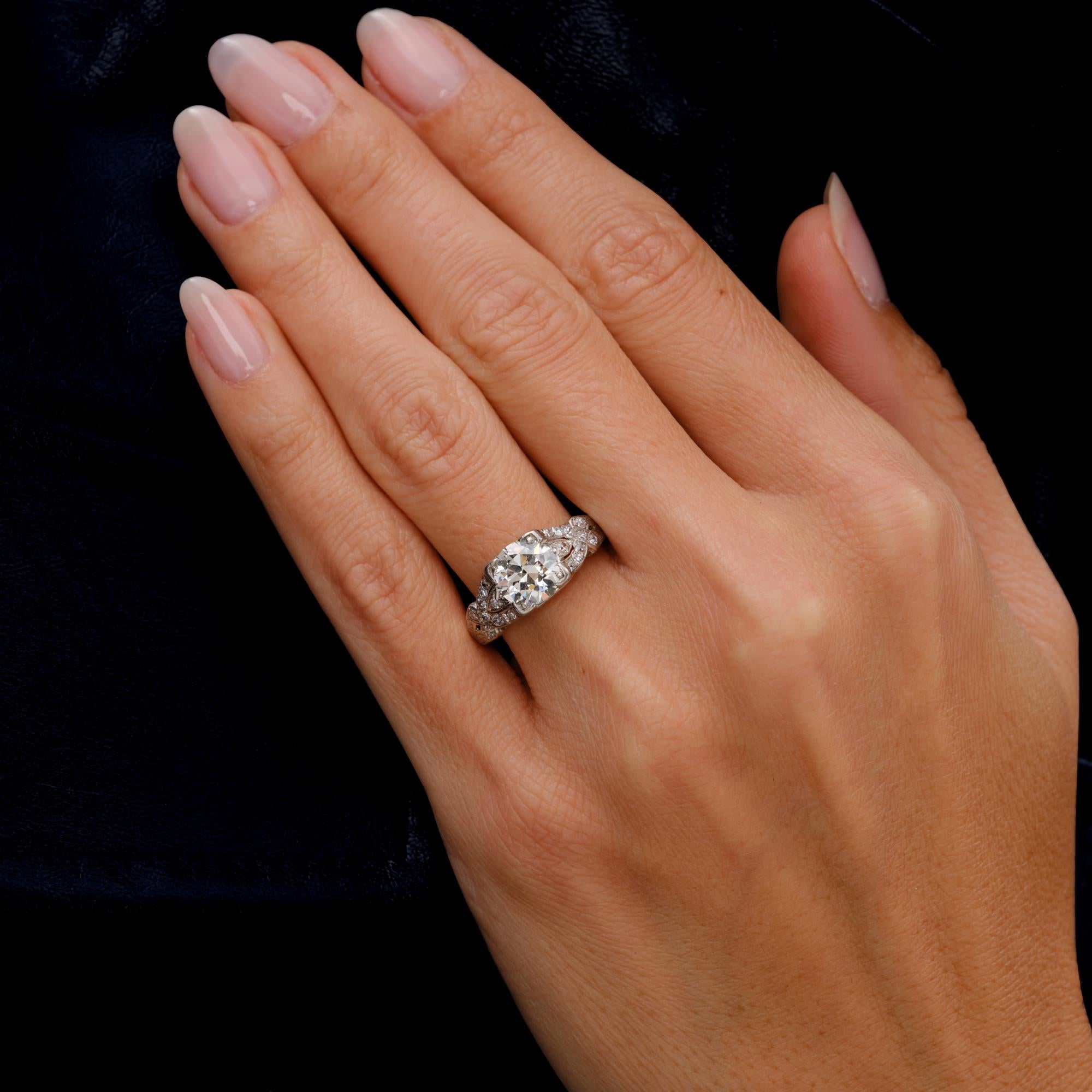 Antique Art Deco 1.64 Carat Old European Cut Diamond Engraved Engagement Ring