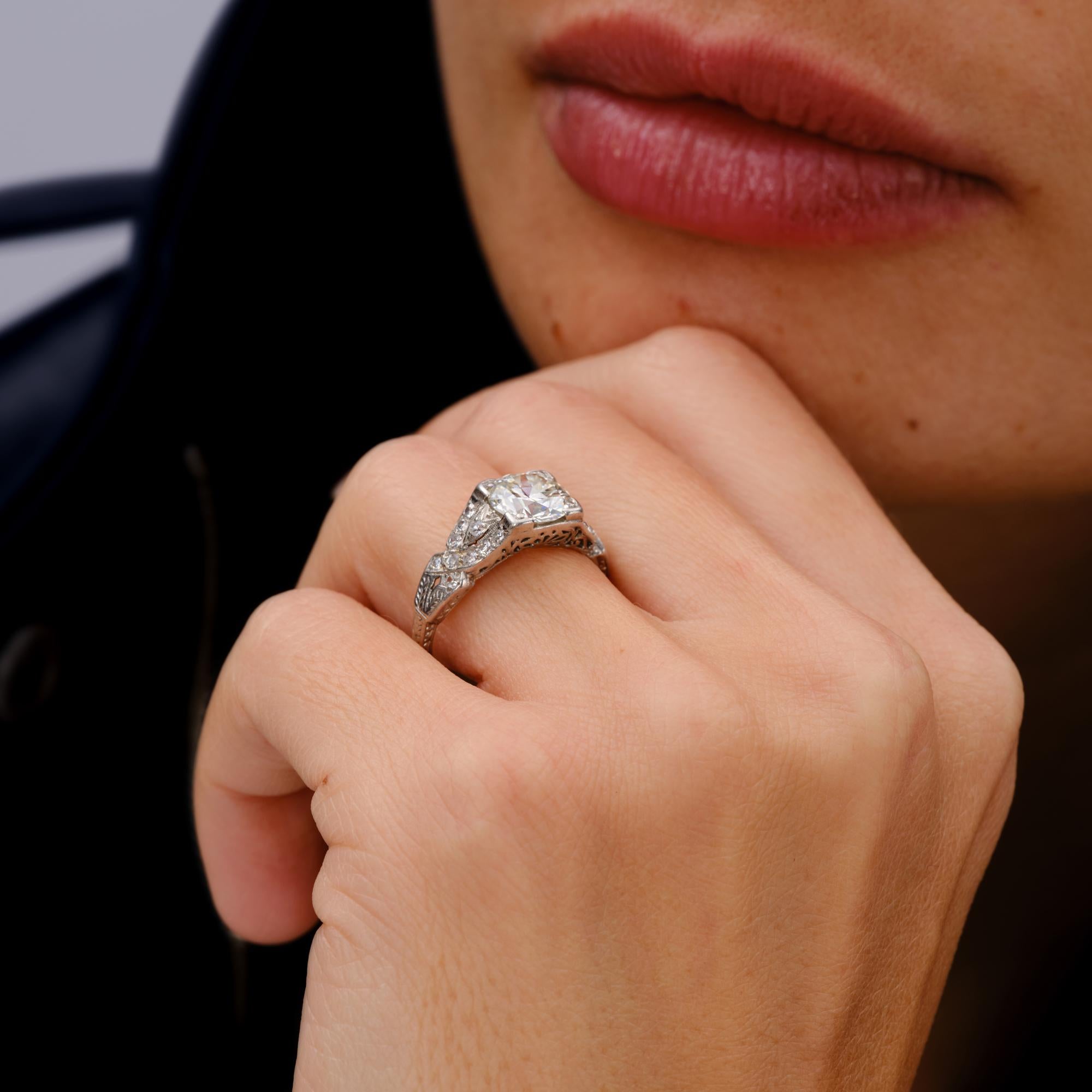 Antique Art Deco 1.64 Carat Old European Cut Diamond Engraved Engagement Ring