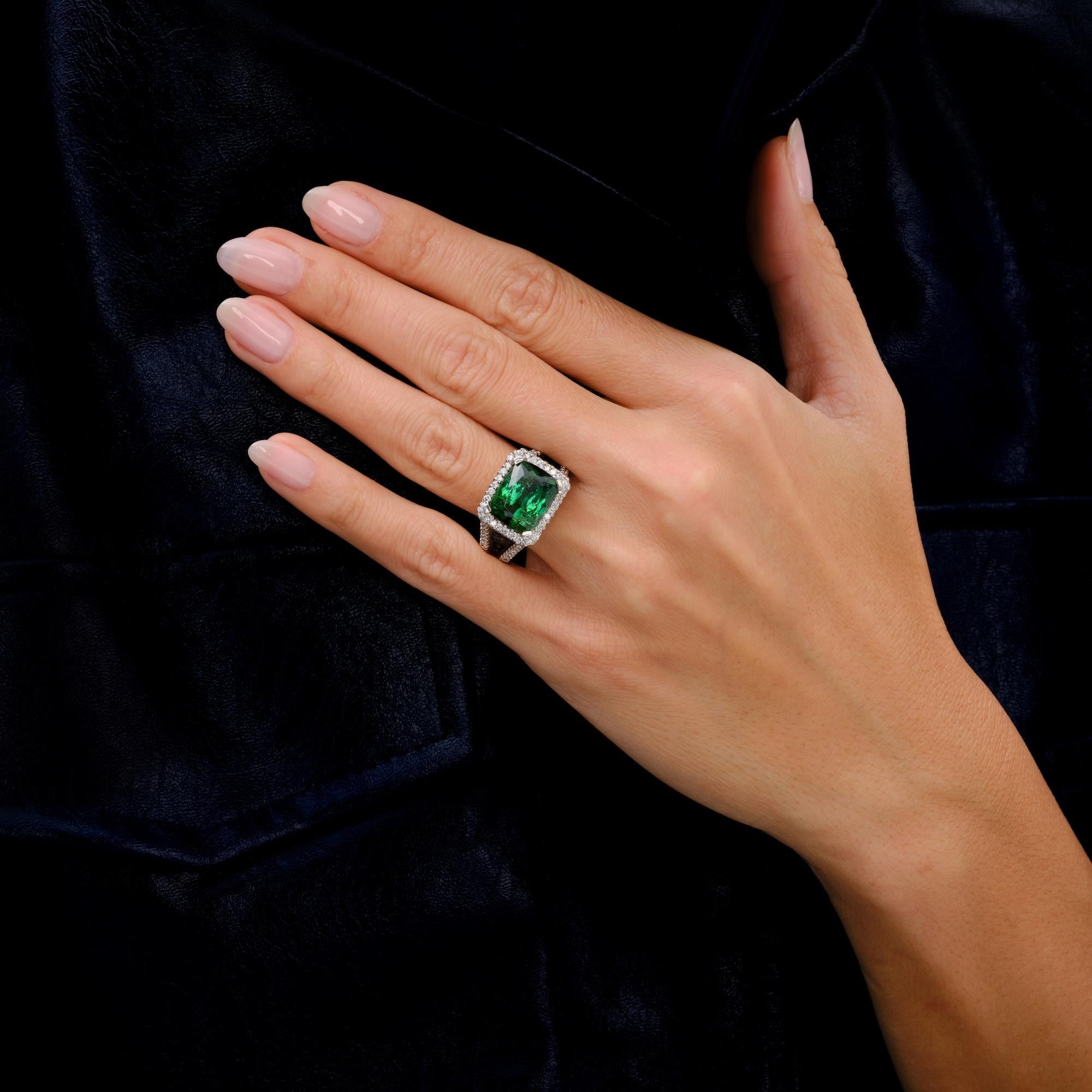 6.31 Carat Green Tourmaline Cushion and Diamond Estate East-West Ring