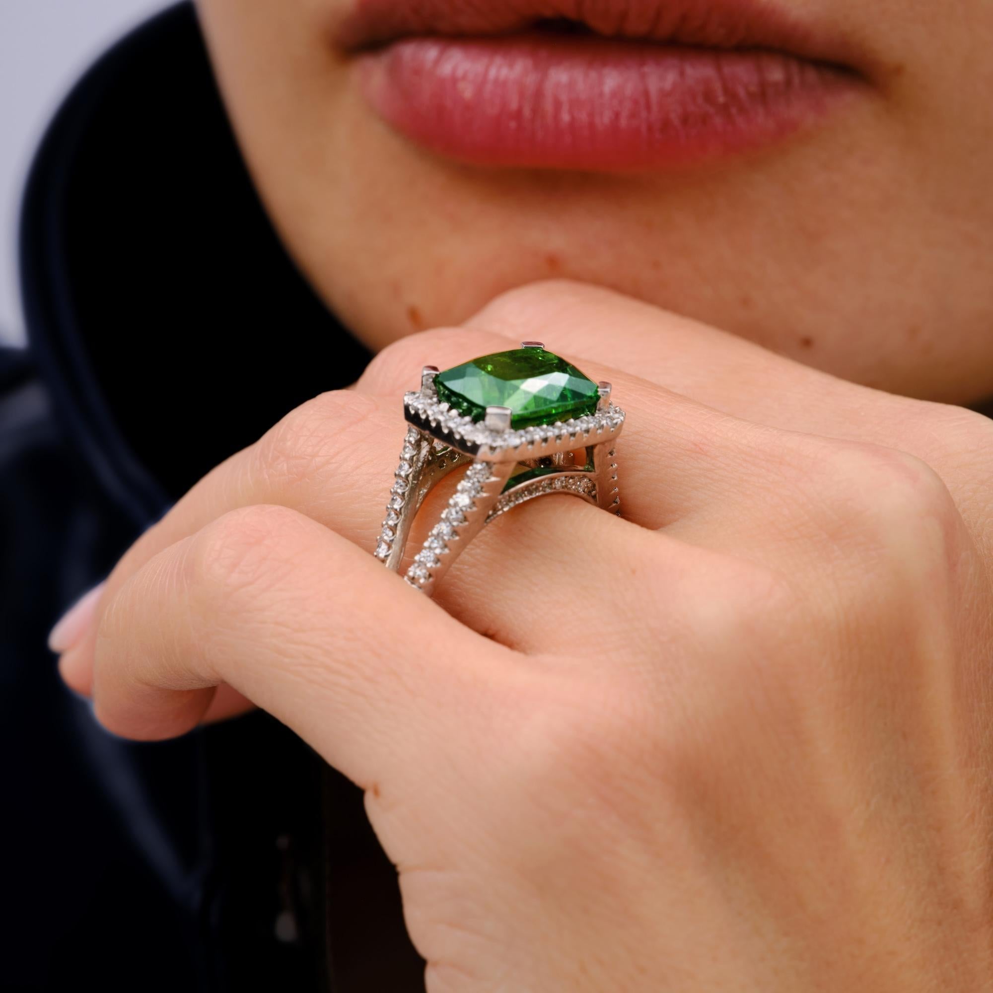 6.31 Carat Green Tourmaline Cushion and Diamond Estate East-West Ring
