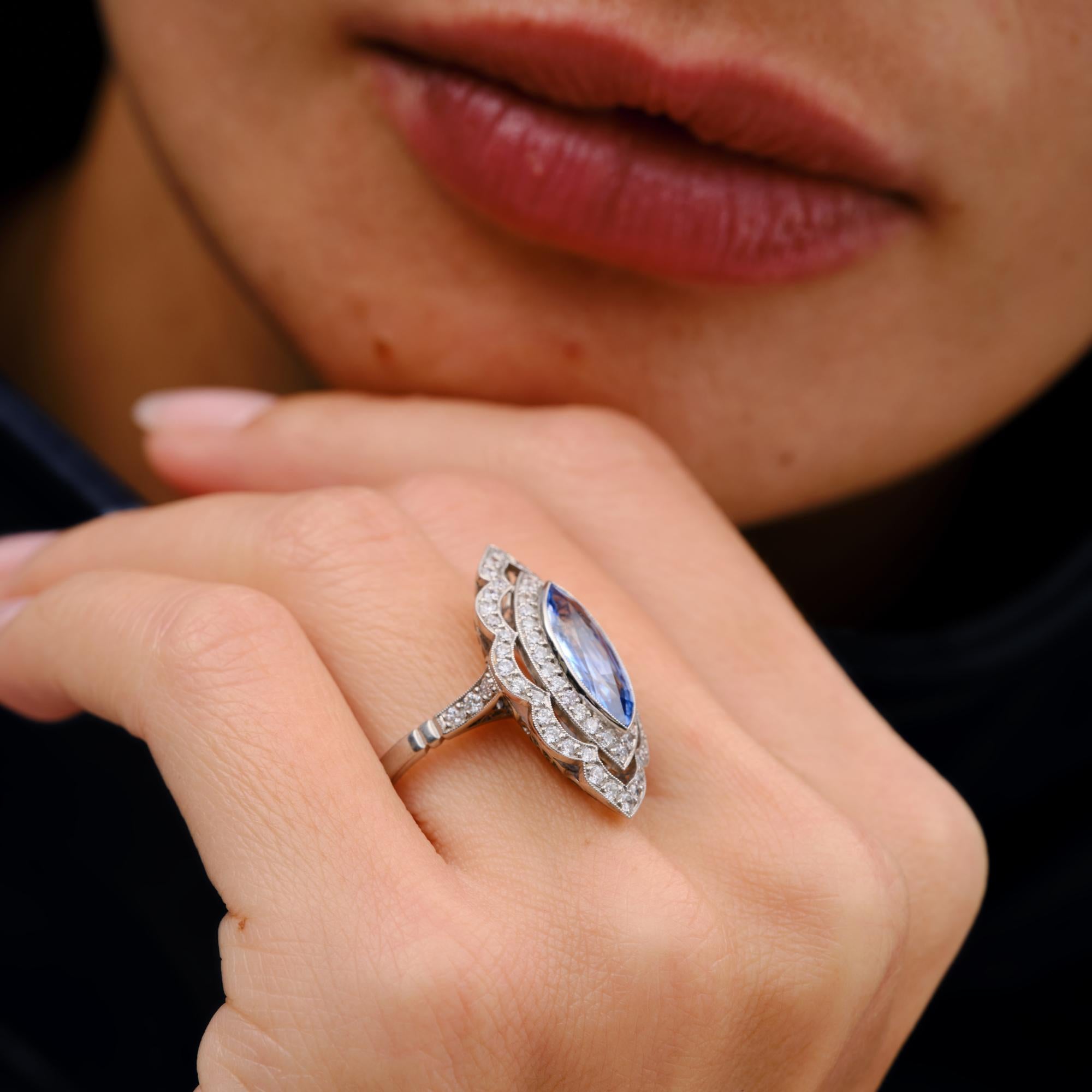 Edwardian Revival 2.62 Carat Sapphire & Diamond Platinum Navette Cocktail Ring