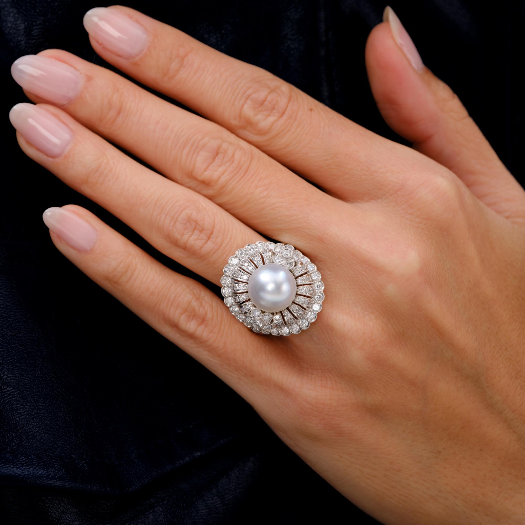 Estate Mid Century South Sea Pearl And Diamond Cocktail Ring